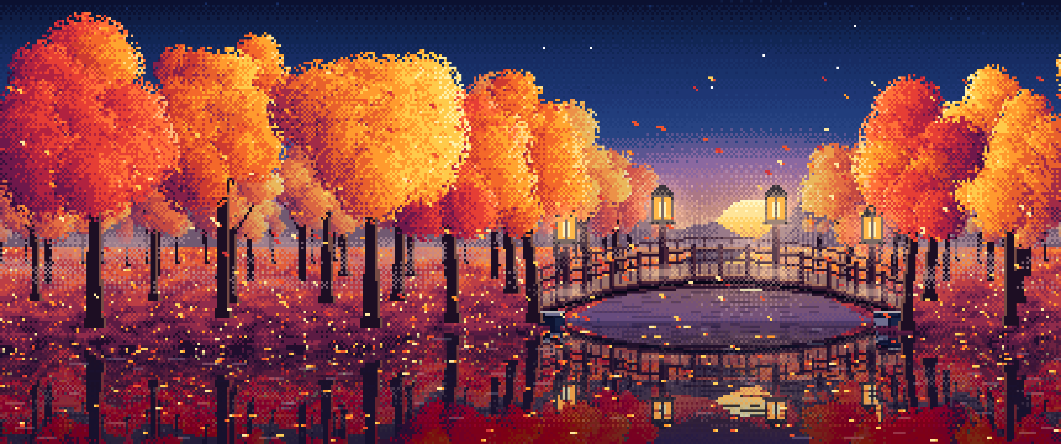Navy Pixel Art Fall Forest Bridge at Dusk ultrawide wallpaper, 3440 × 1440
