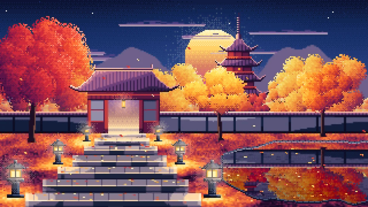 Navy Pixel Art Fall Japanese Temple desktop wallpaper in 4K