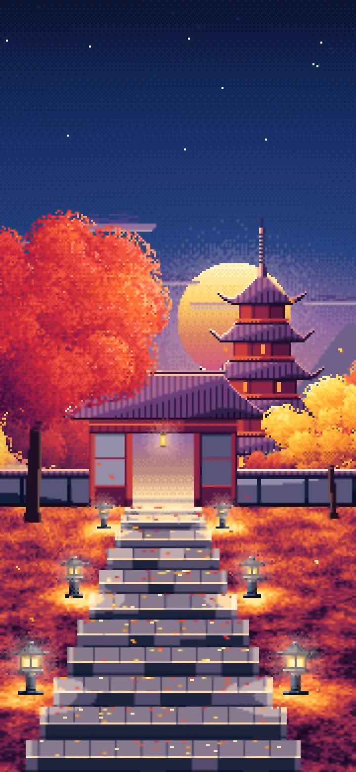 Navy Pixel Art Fall Japanese Temple wallpaper for iPhone and Android