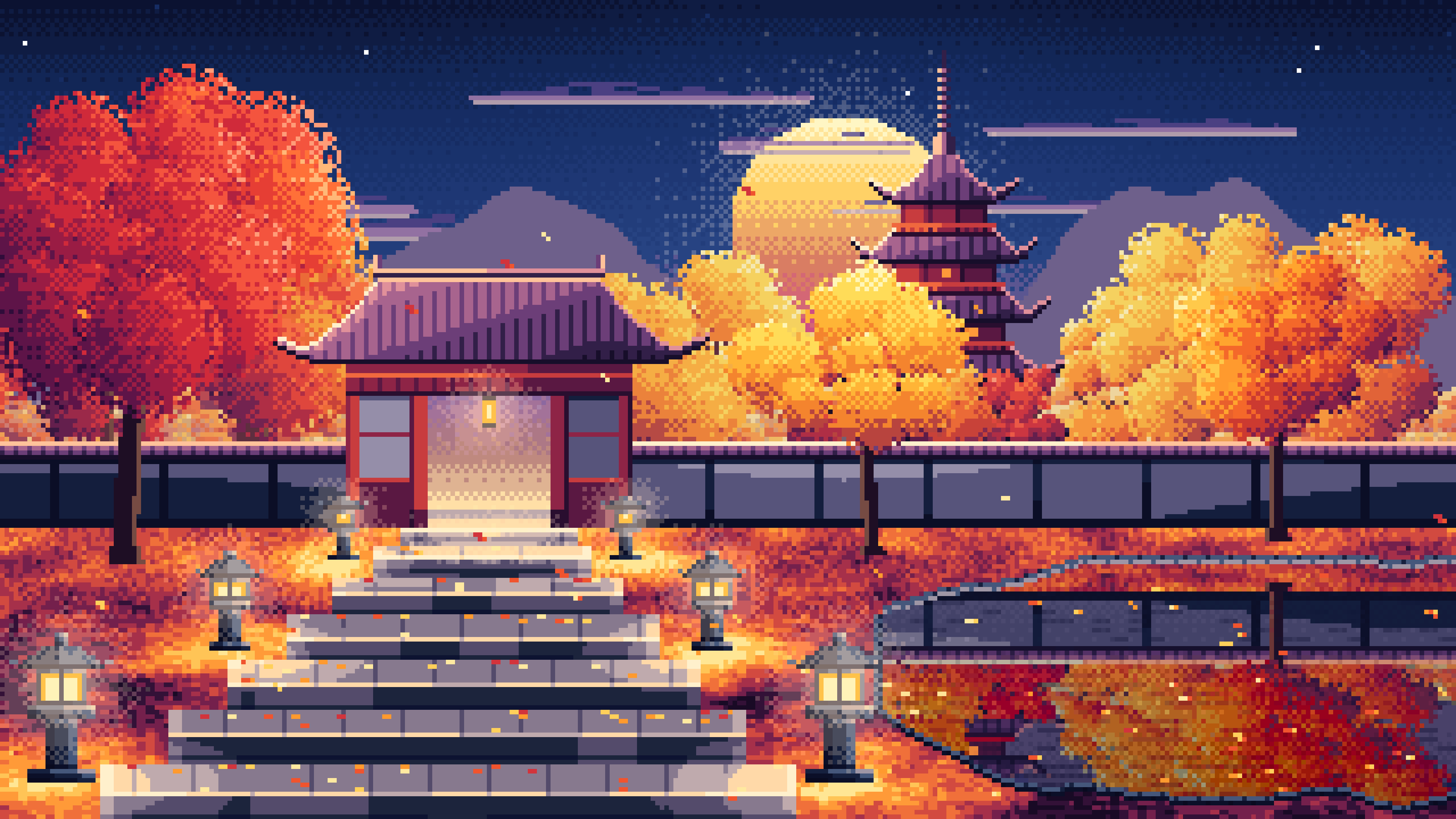 Navy Pixel Art Fall Japanese Temple desktop wallpaper in 4K