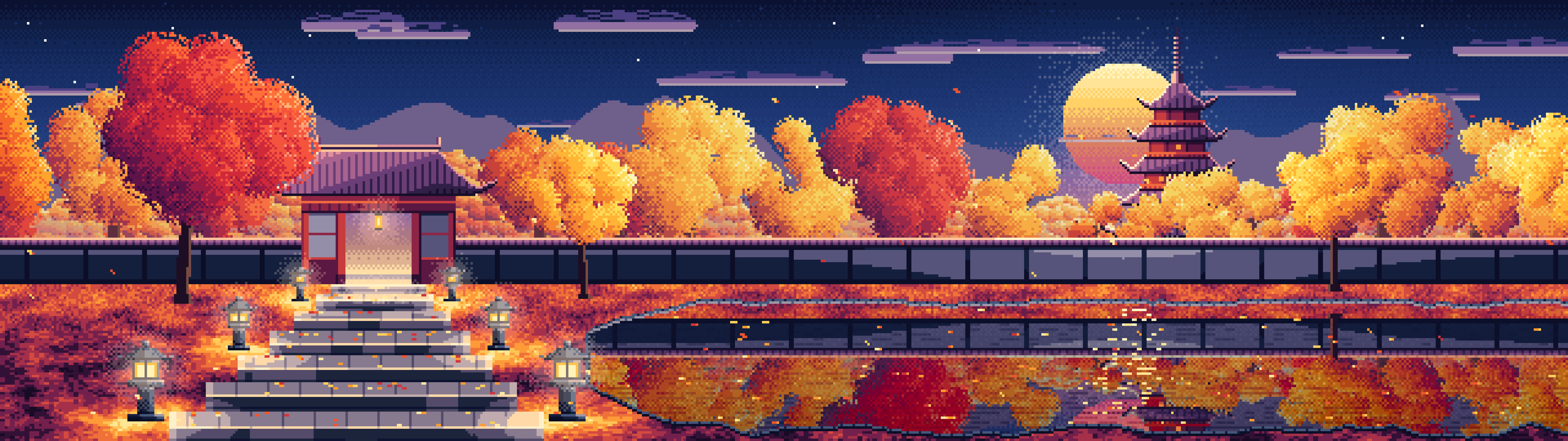 Navy Pixel Art Fall Japanese Temple dual monitor wallpaper, 7680 × 2160