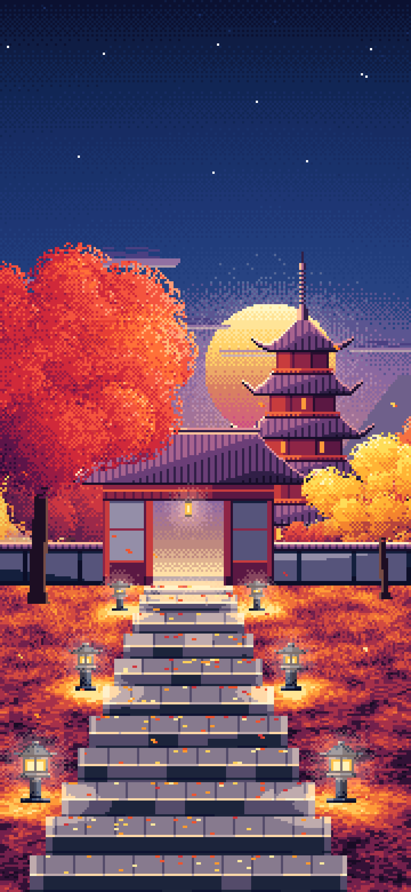 Navy Pixel Art Fall Japanese Temple wallpaper for iPhone and Android