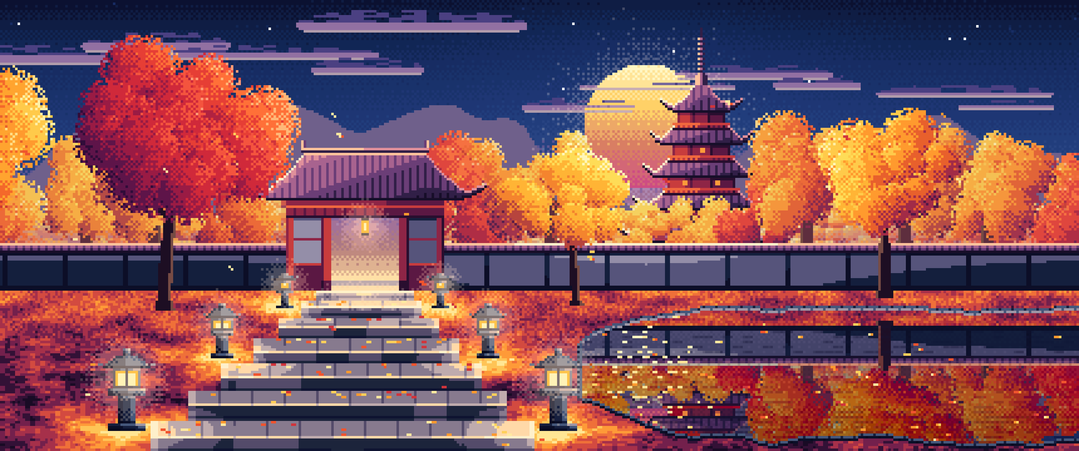 Navy Pixel Art Fall Japanese Temple ultrawide wallpaper, 3440 × 1440