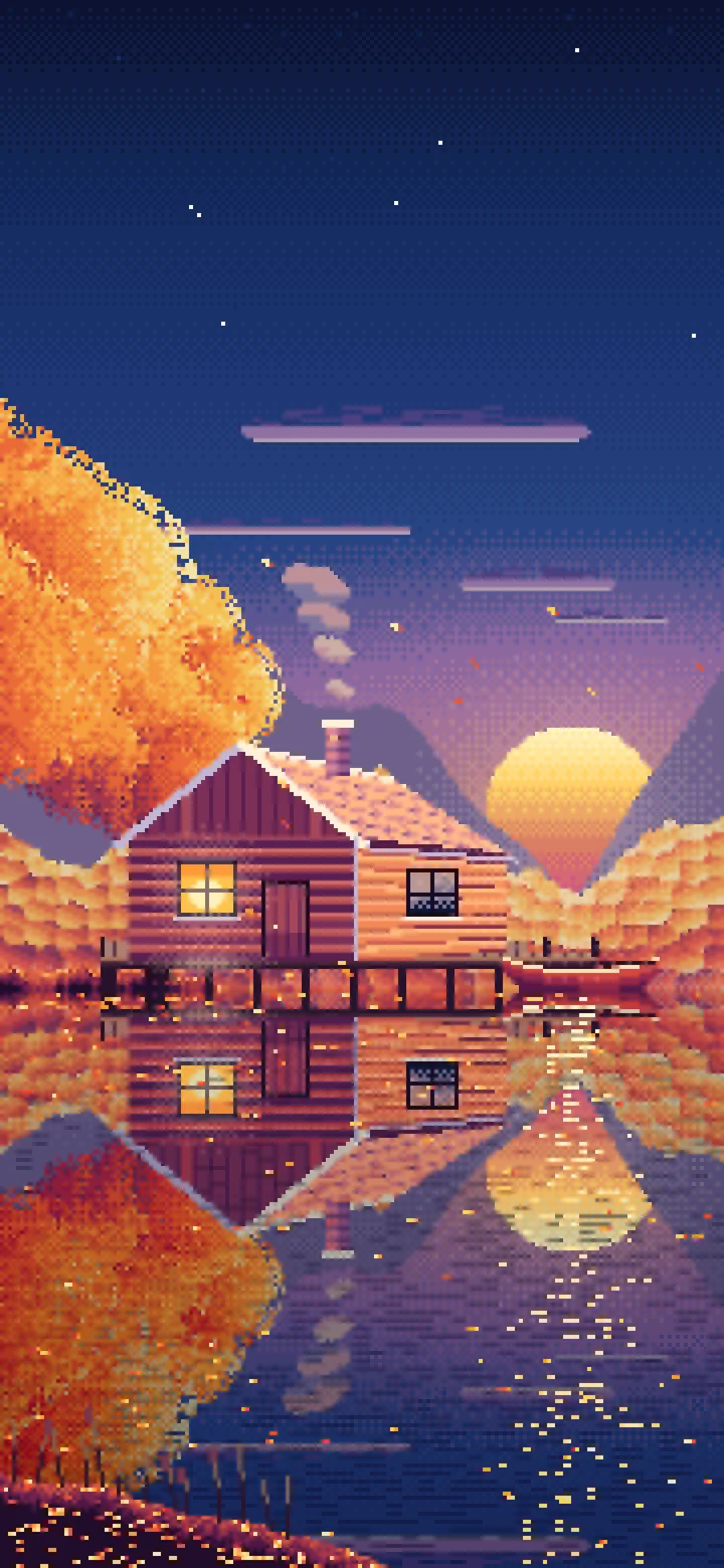 Navy Pixel Art Fall Lake Cabin at Sunset wallpaper for iPhone and Android