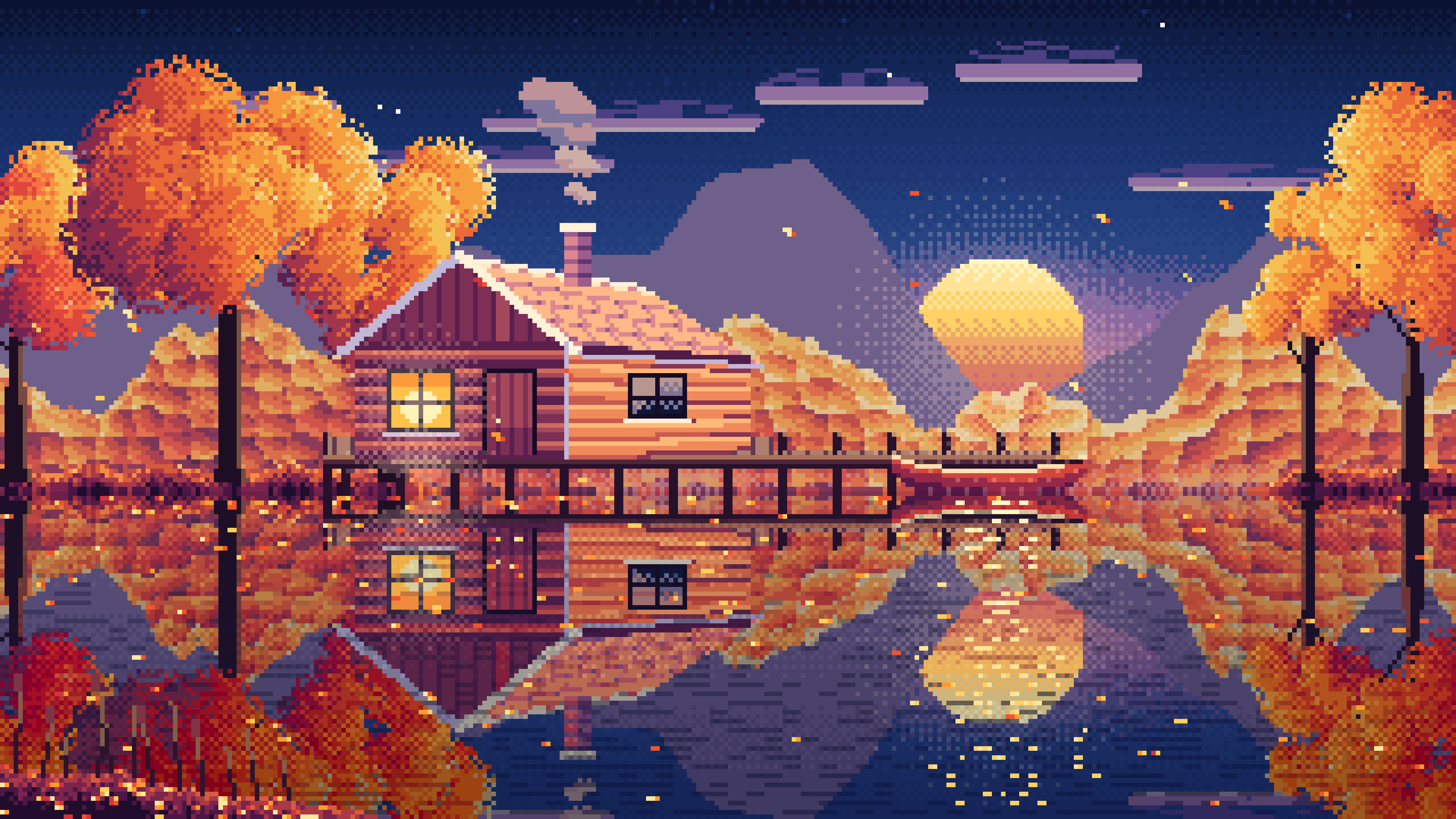 Navy Pixel Art Fall Lake Cabin at Sunset desktop wallpaper in 4K