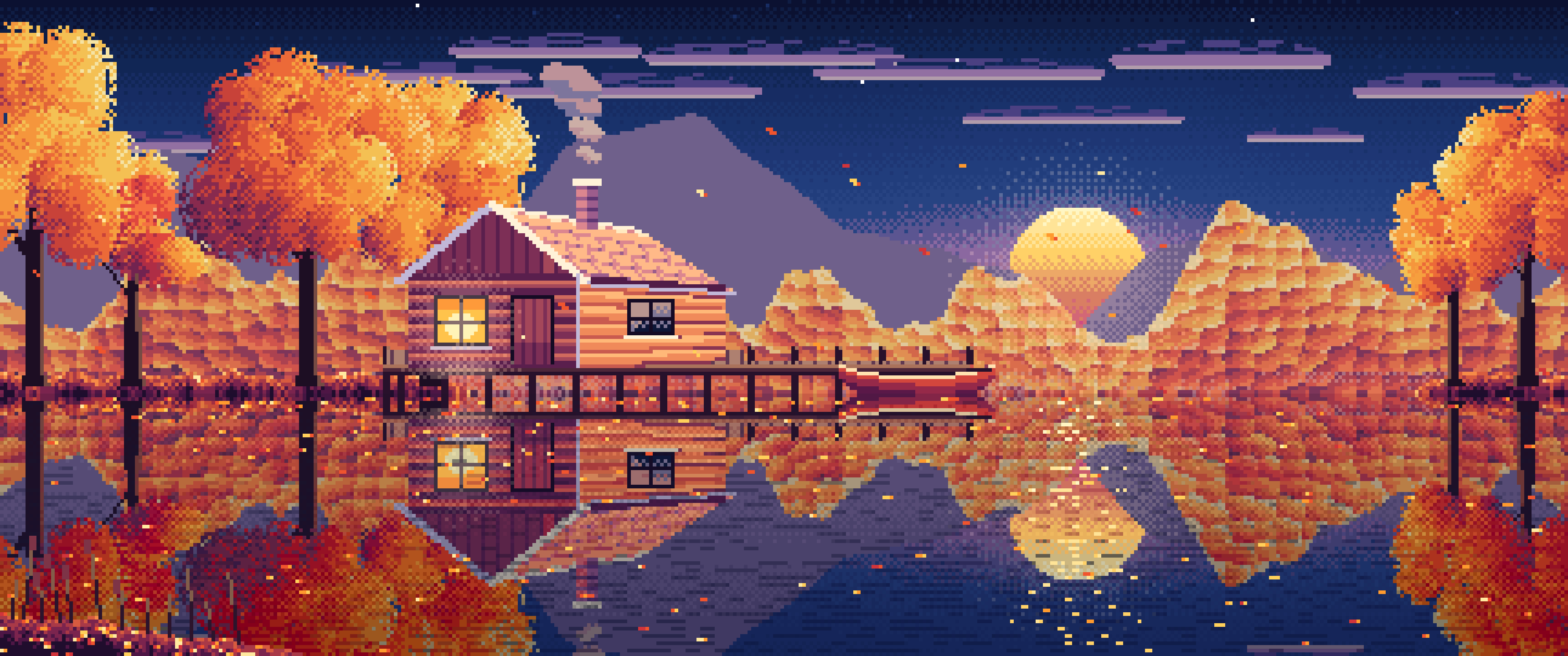 Navy Pixel Art Fall Lake Cabin at Sunset ultrawide wallpaper, 3440 × 1440