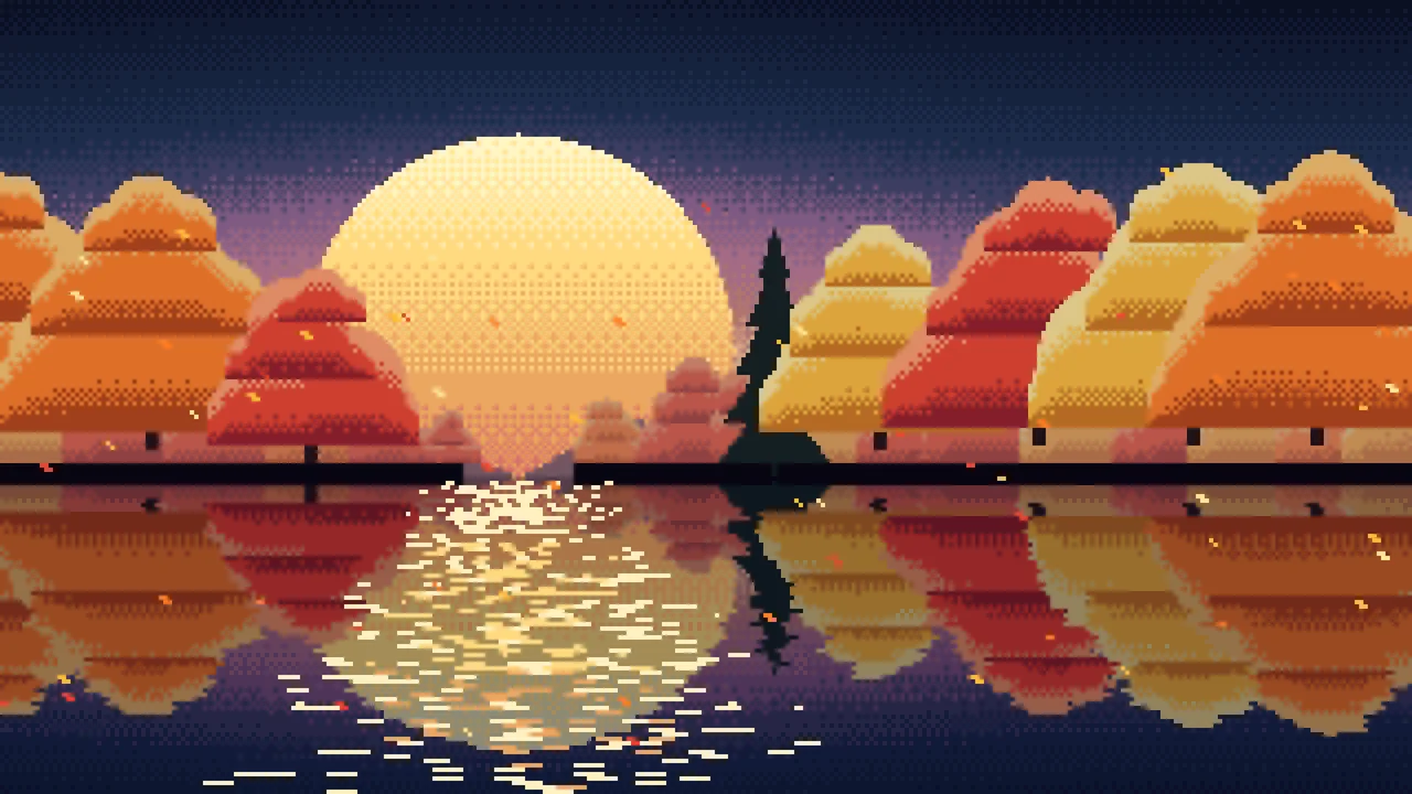 Navy Pixel Art Fall Lake desktop wallpaper in 4K
