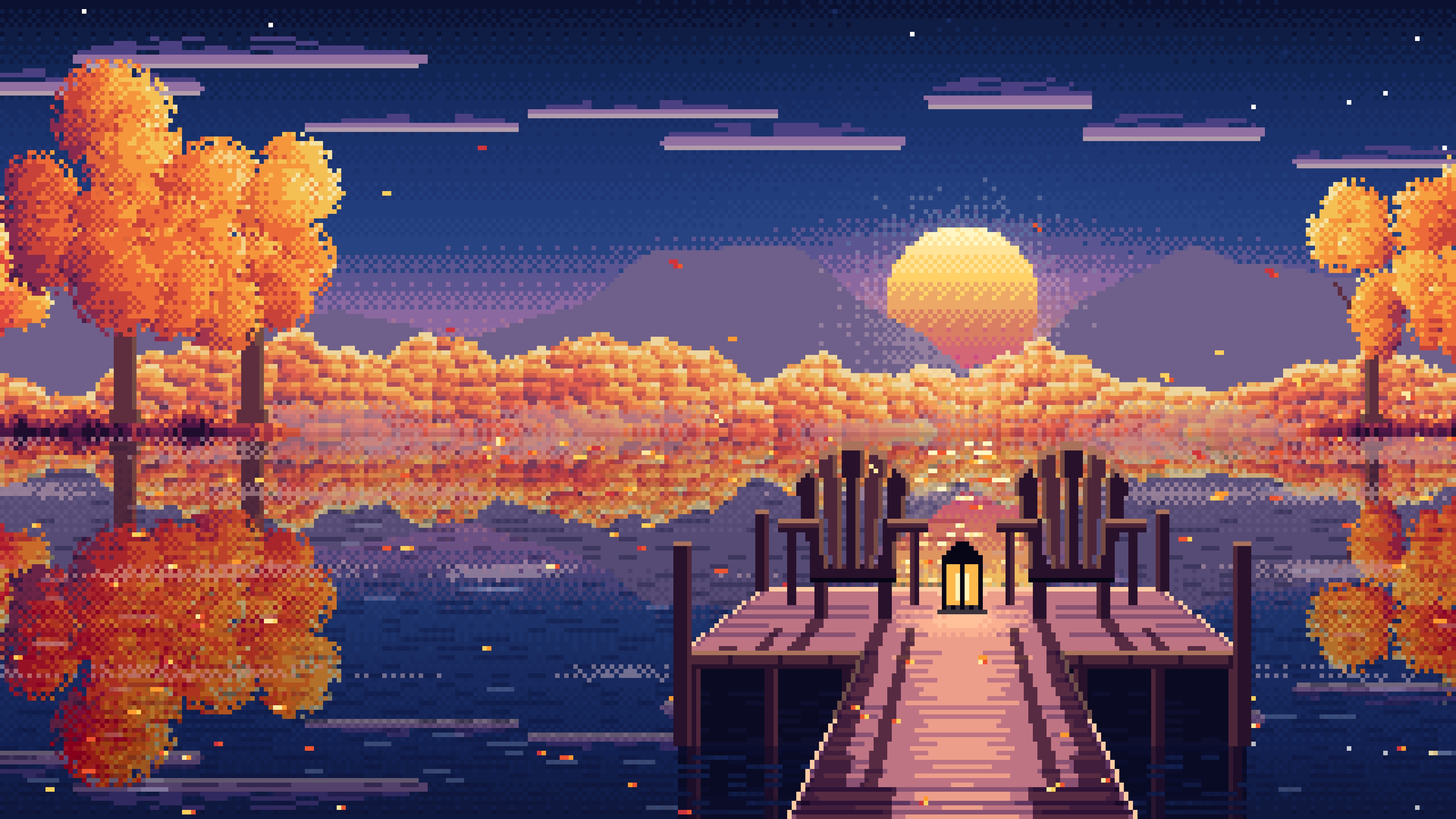 Navy Pixel Art Fall Lake Pier at Sunrise desktop wallpaper in 4K