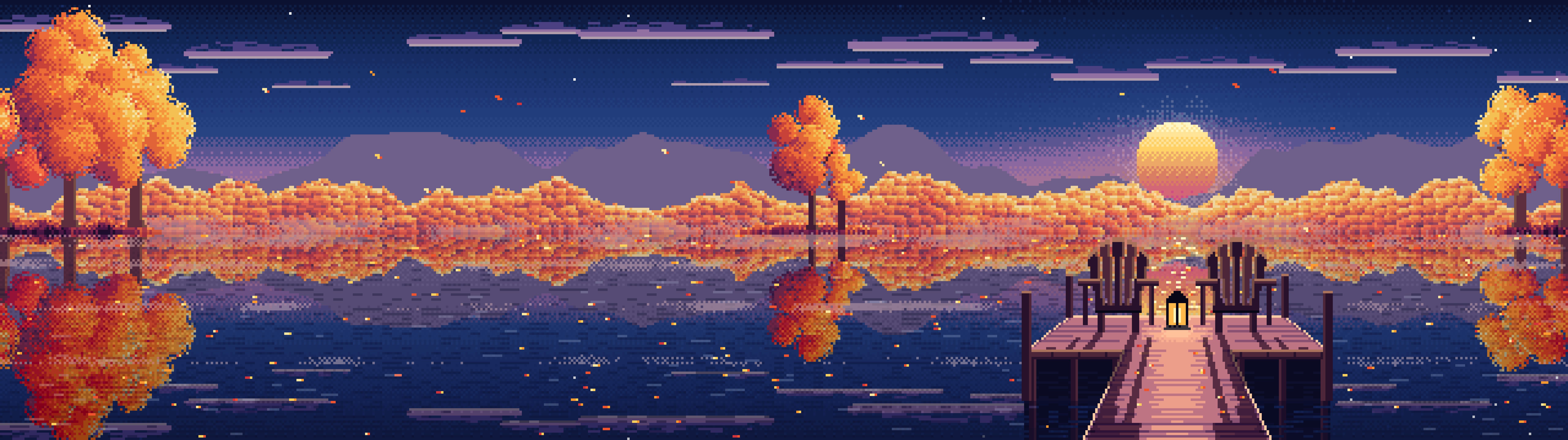 Navy Pixel Art Fall Lake Pier at Sunrise dual monitor wallpaper, 7680 × 2160