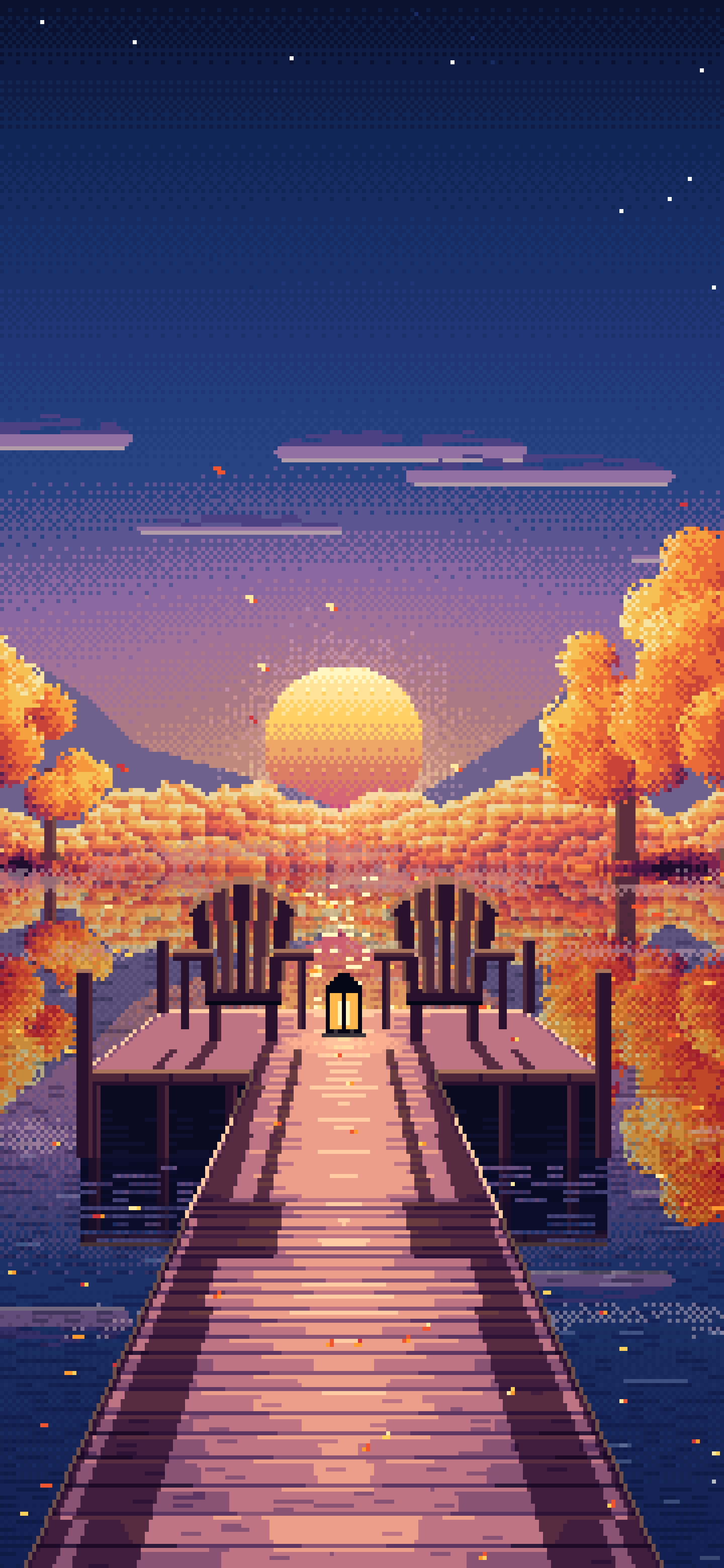 Navy Pixel Art Fall Lake Pier at Sunrise wallpaper for iPhone and Android