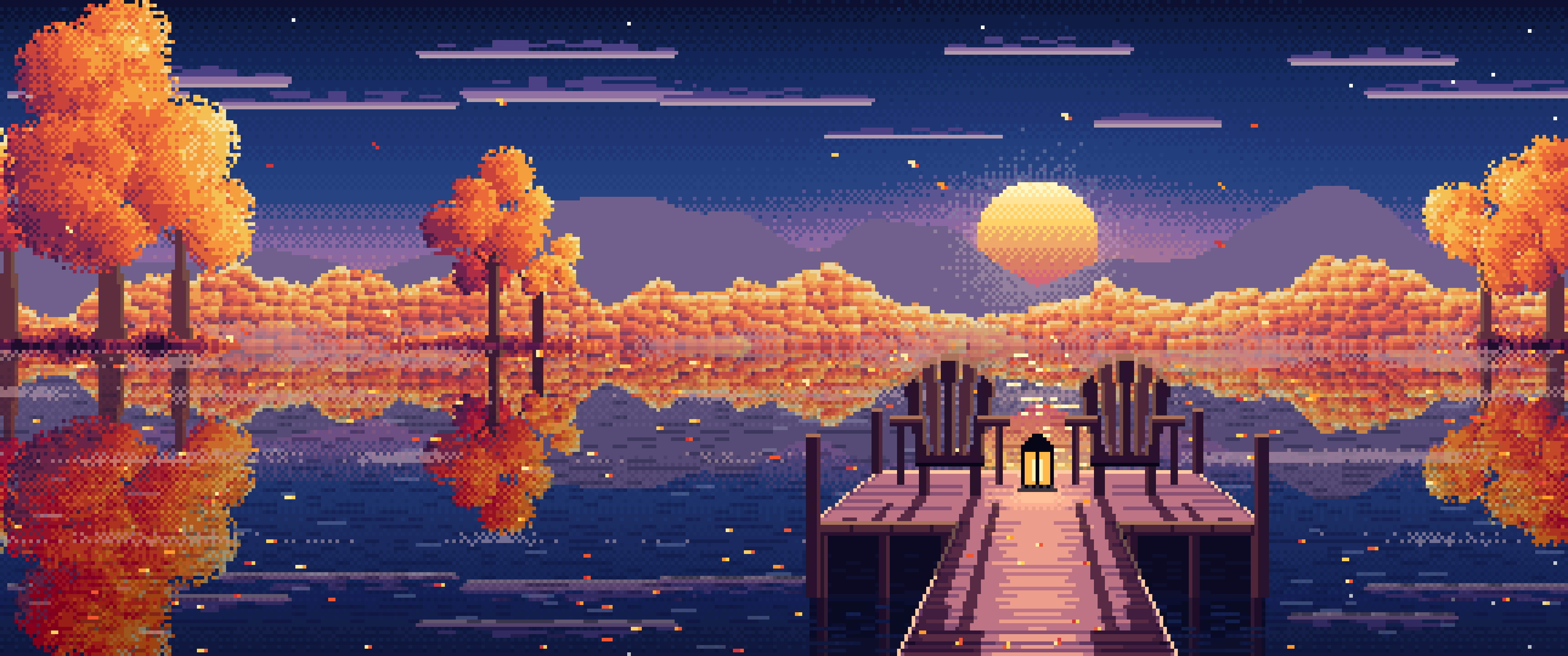 Navy Pixel Art Fall Lake Pier at Sunrise ultrawide wallpaper, 3440 × 1440