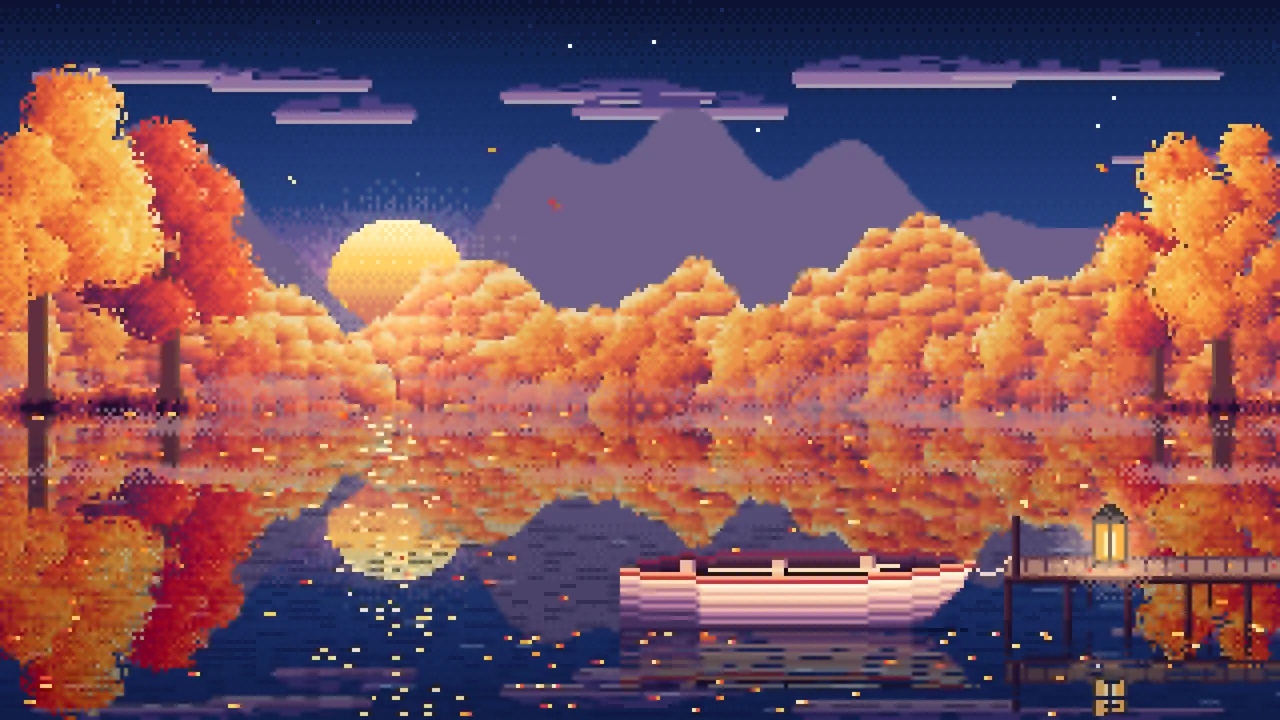 Navy Pixel Art Fall Lake Rowboat desktop wallpaper in 4K
