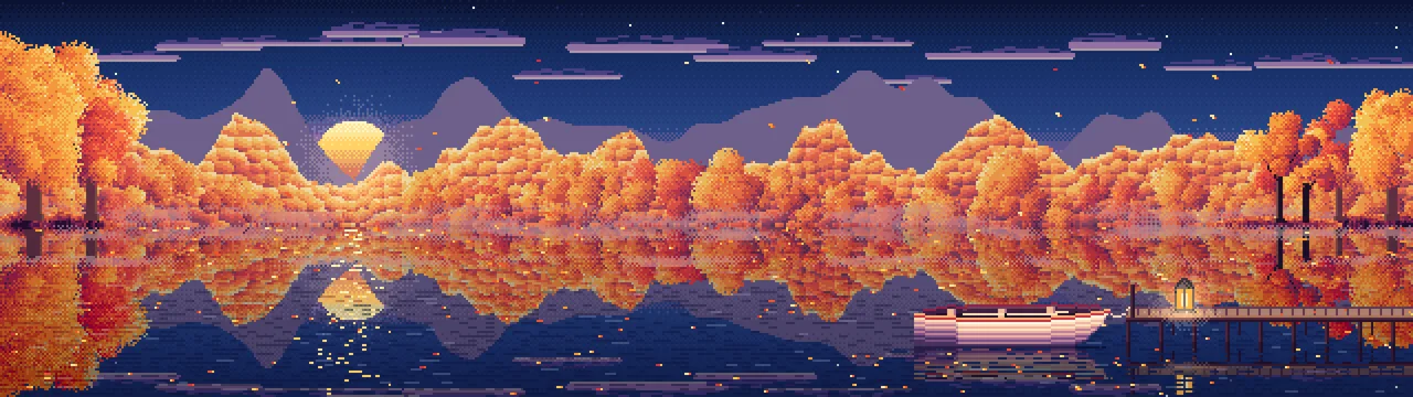 Navy Pixel Art Fall Lake Rowboat dual monitor wallpaper, 7680 × 2160