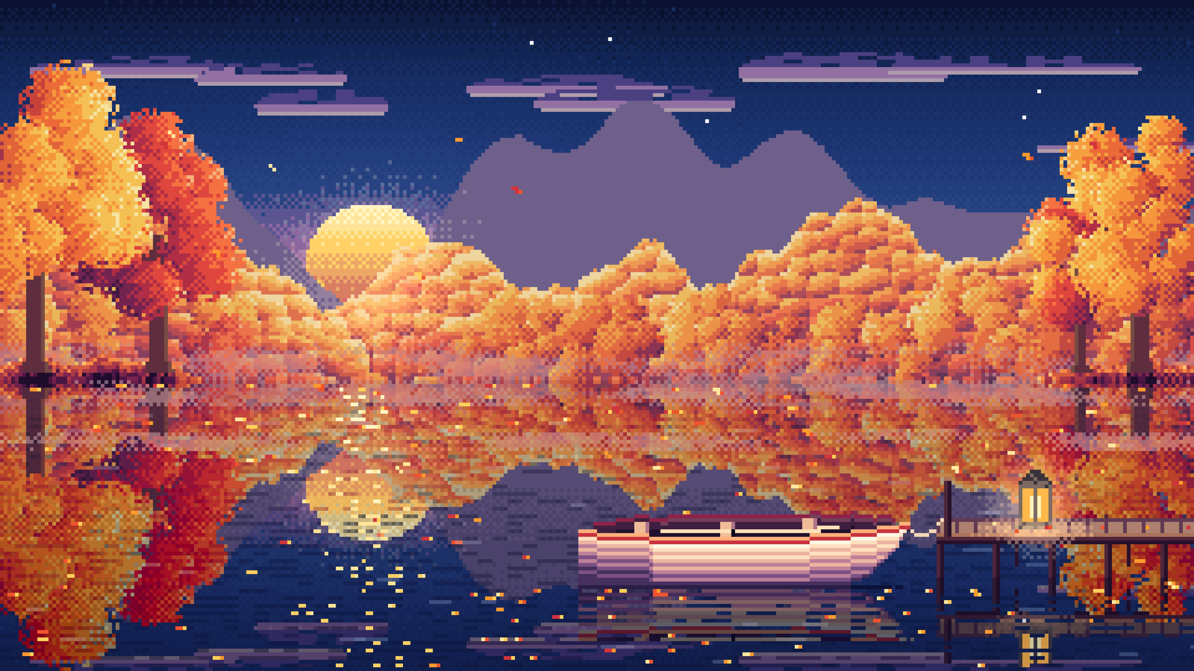Navy Pixel Art Fall Lake Rowboat desktop wallpaper in 4K