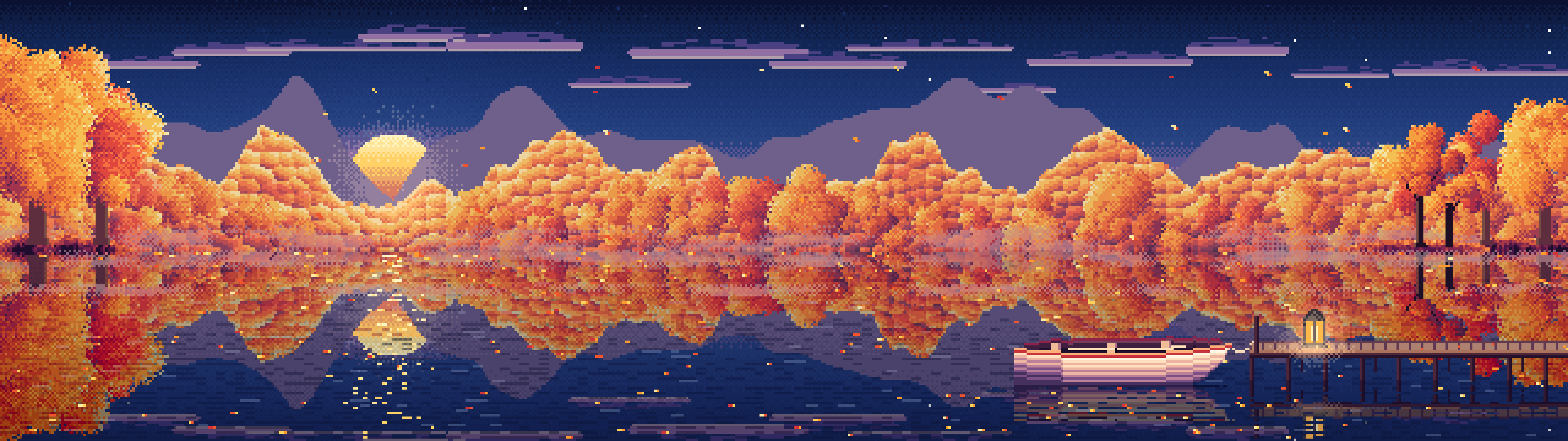 Navy Pixel Art Fall Lake Rowboat dual monitor wallpaper, 7680 × 2160
