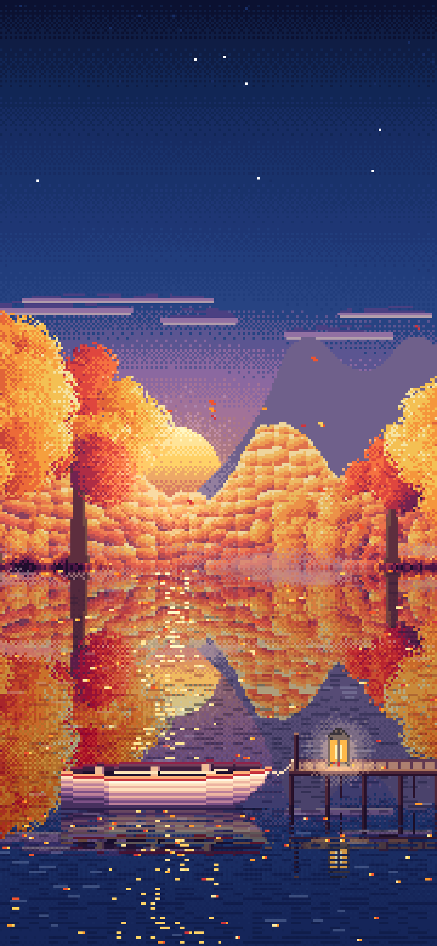 Navy Pixel Art Fall Lake Rowboat wallpaper for iPhone and Android
