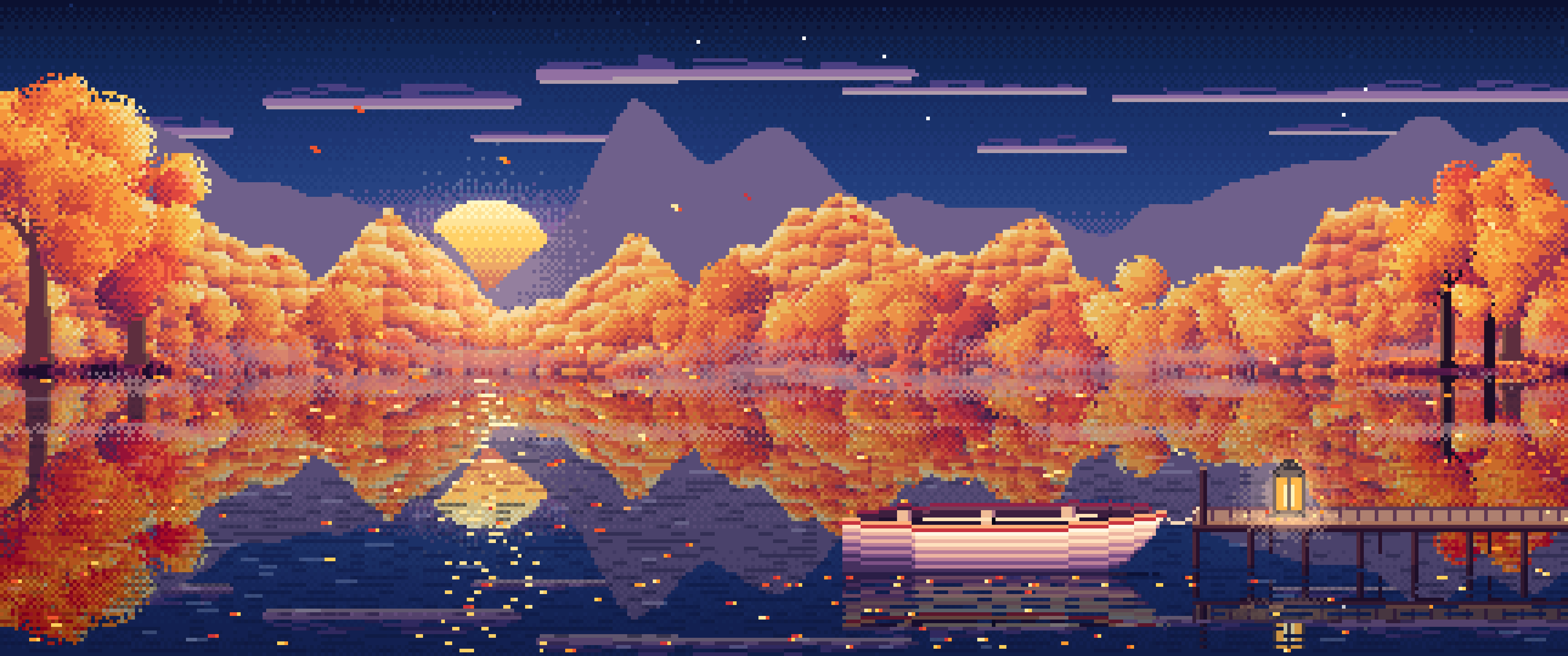 Navy Pixel Art Fall Lake Rowboat ultrawide wallpaper, 3440 × 1440