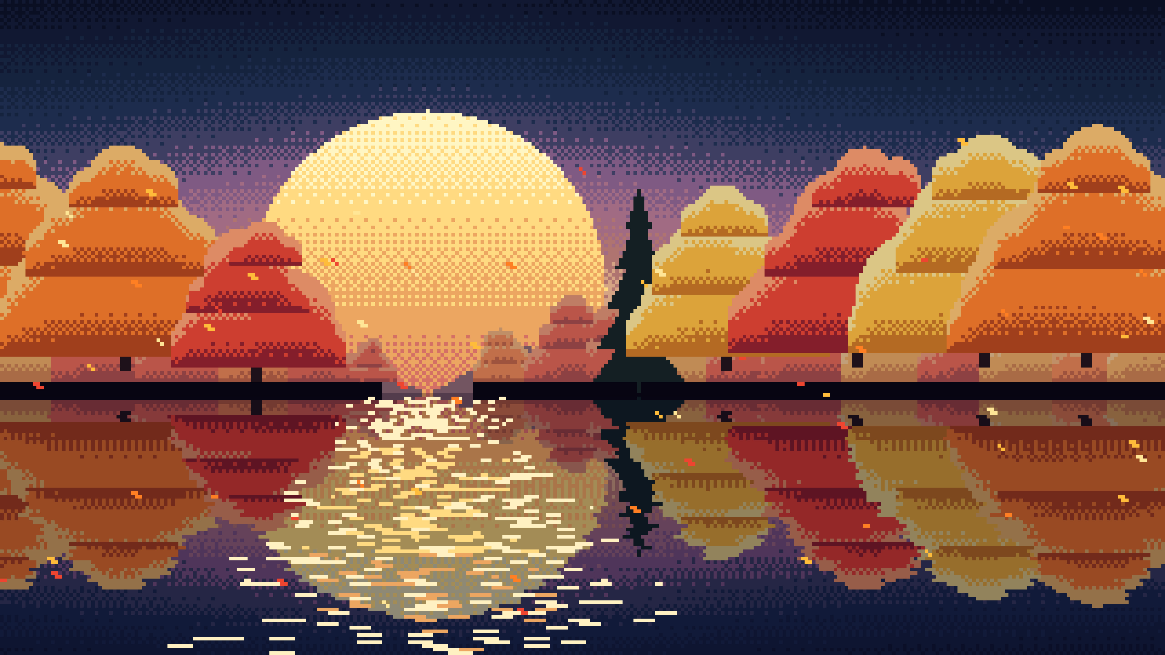 Navy Pixel Art Fall Lake desktop wallpaper in 4K