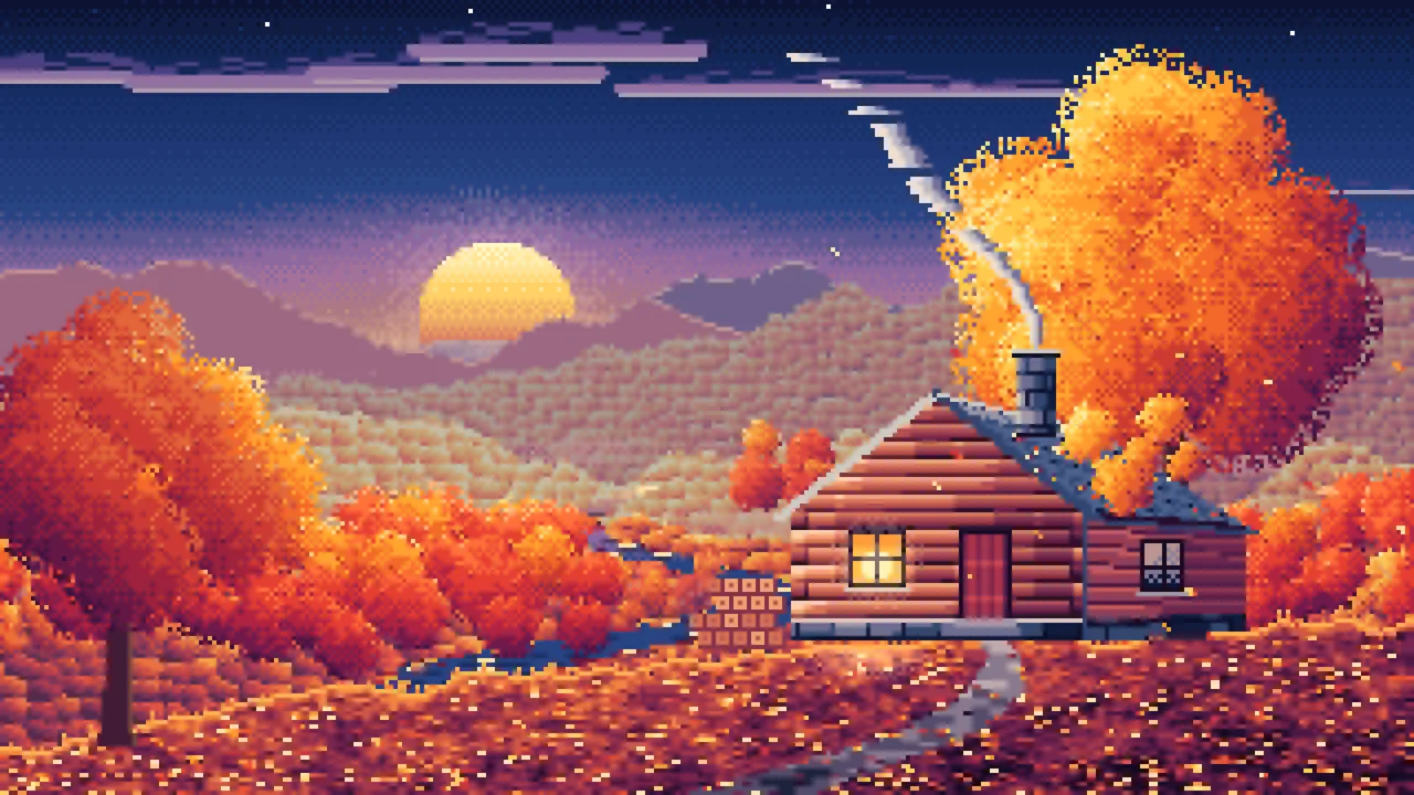 Navy Pixel Art Fall Log Cabin above a Valley desktop wallpaper in 4K