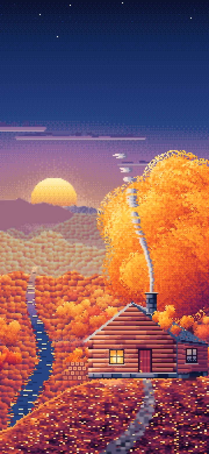Navy Pixel Art Fall Log Cabin above a Valley wallpaper for iPhone and Android