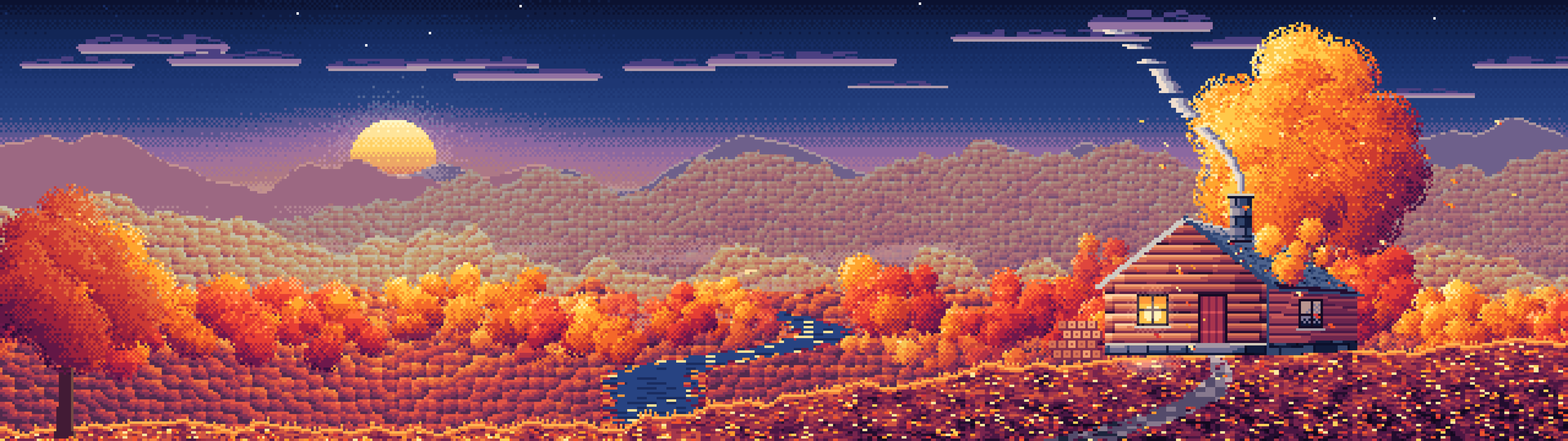 Navy Pixel Art Fall Log Cabin above a Valley dual monitor wallpaper, 7680 × 2160