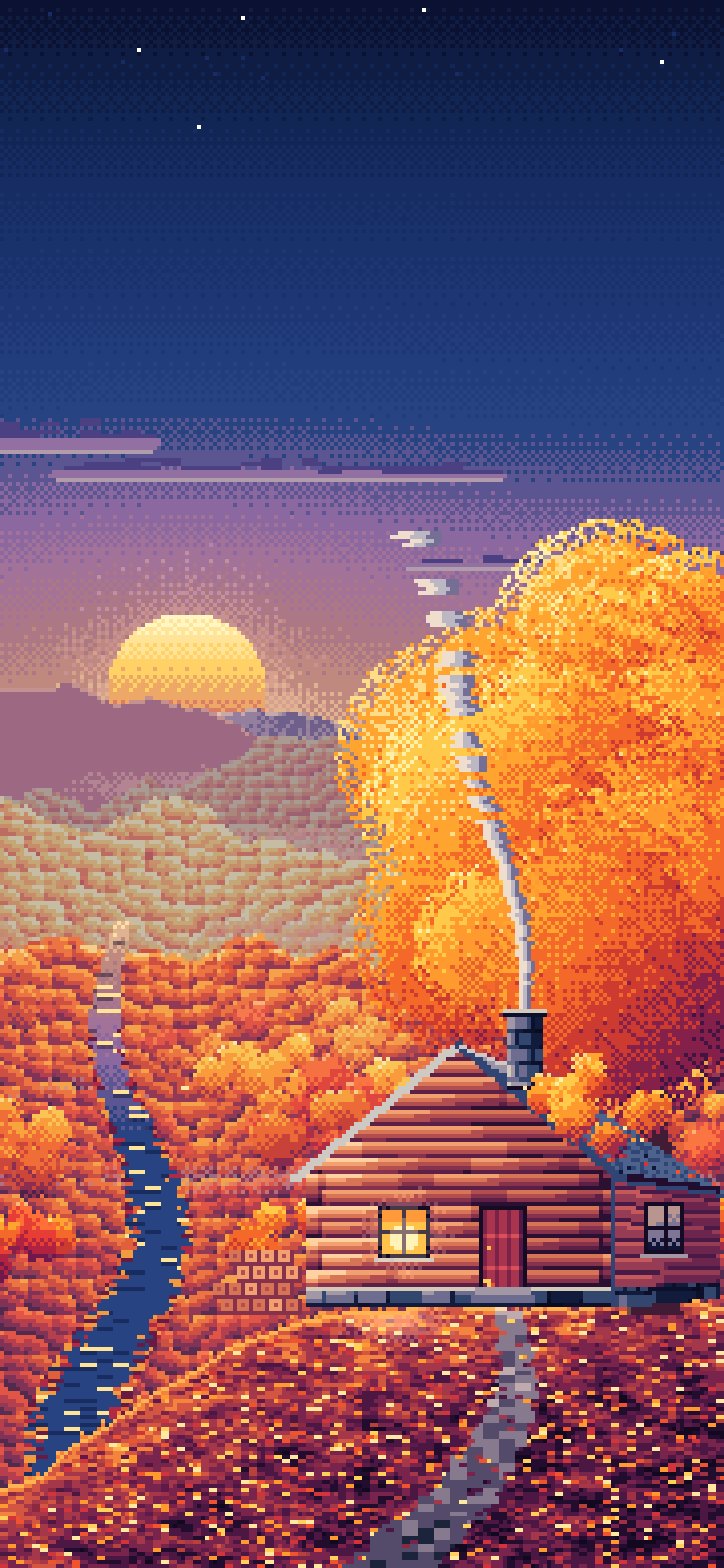 Navy Pixel Art Fall Log Cabin above a Valley wallpaper for iPhone and Android