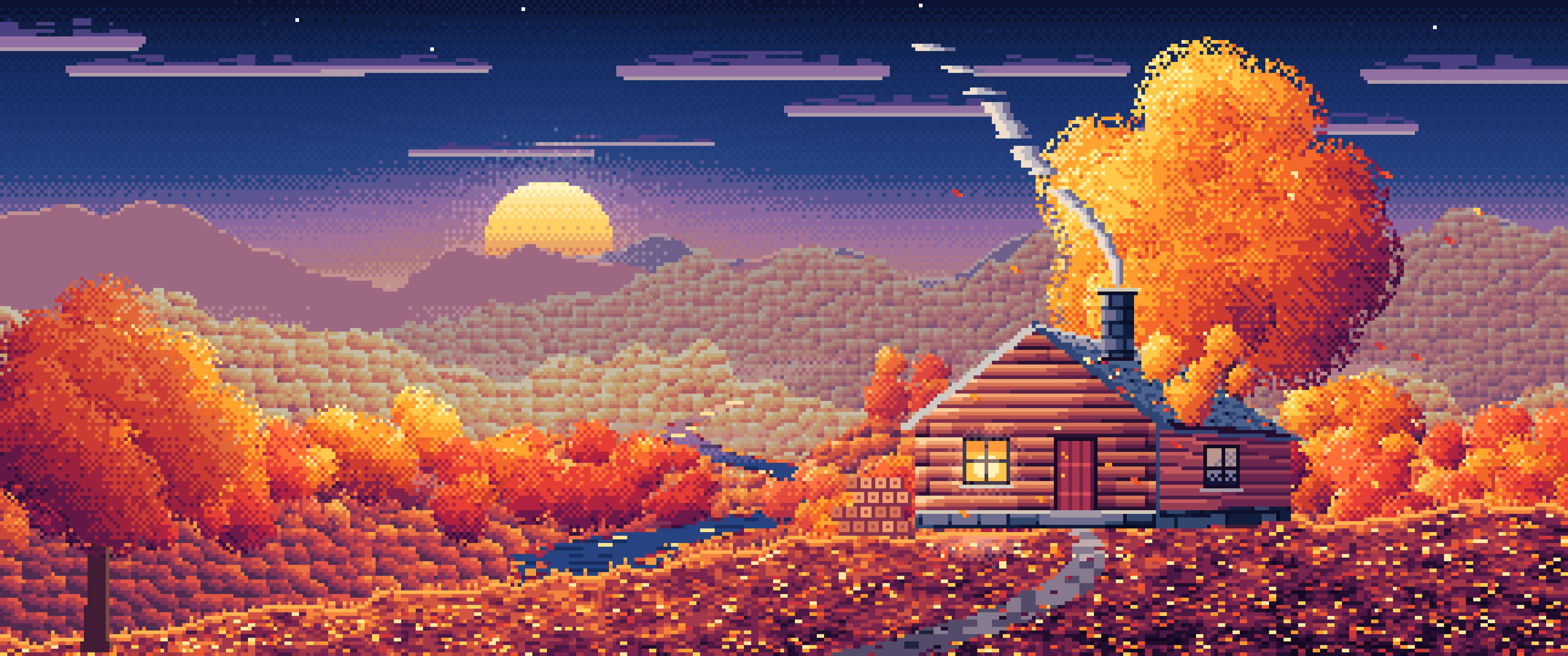Navy Pixel Art Fall Log Cabin above a Valley ultrawide wallpaper, 3440 × 1440