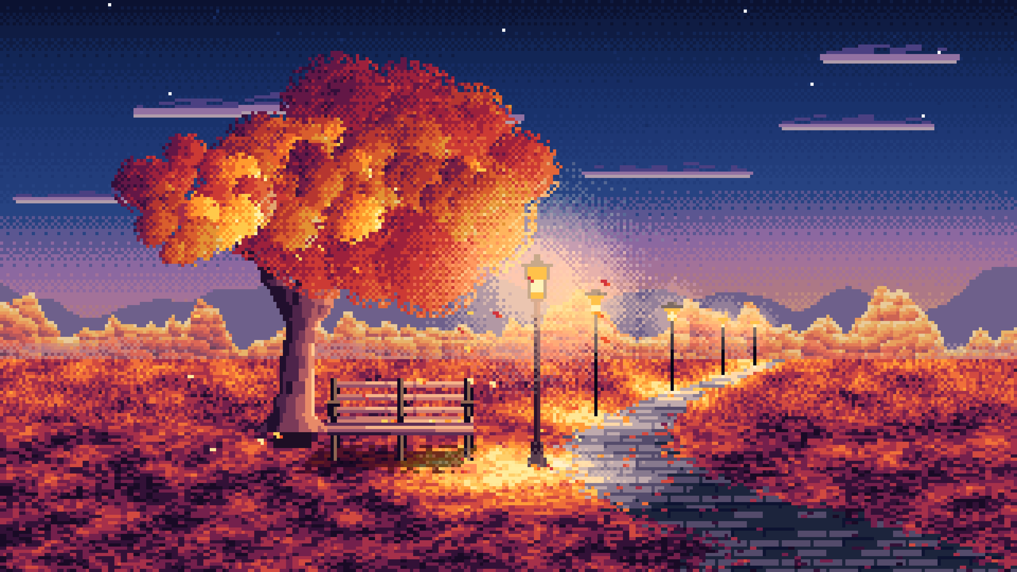 Navy Pixel Art Fall Park Bench desktop wallpaper in 4K