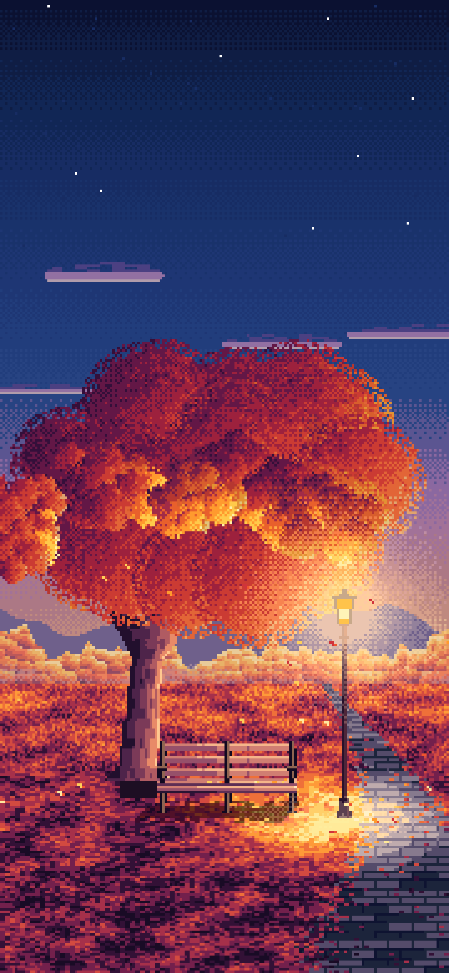 Navy Pixel Art Fall Park Bench wallpaper for iPhone and Android