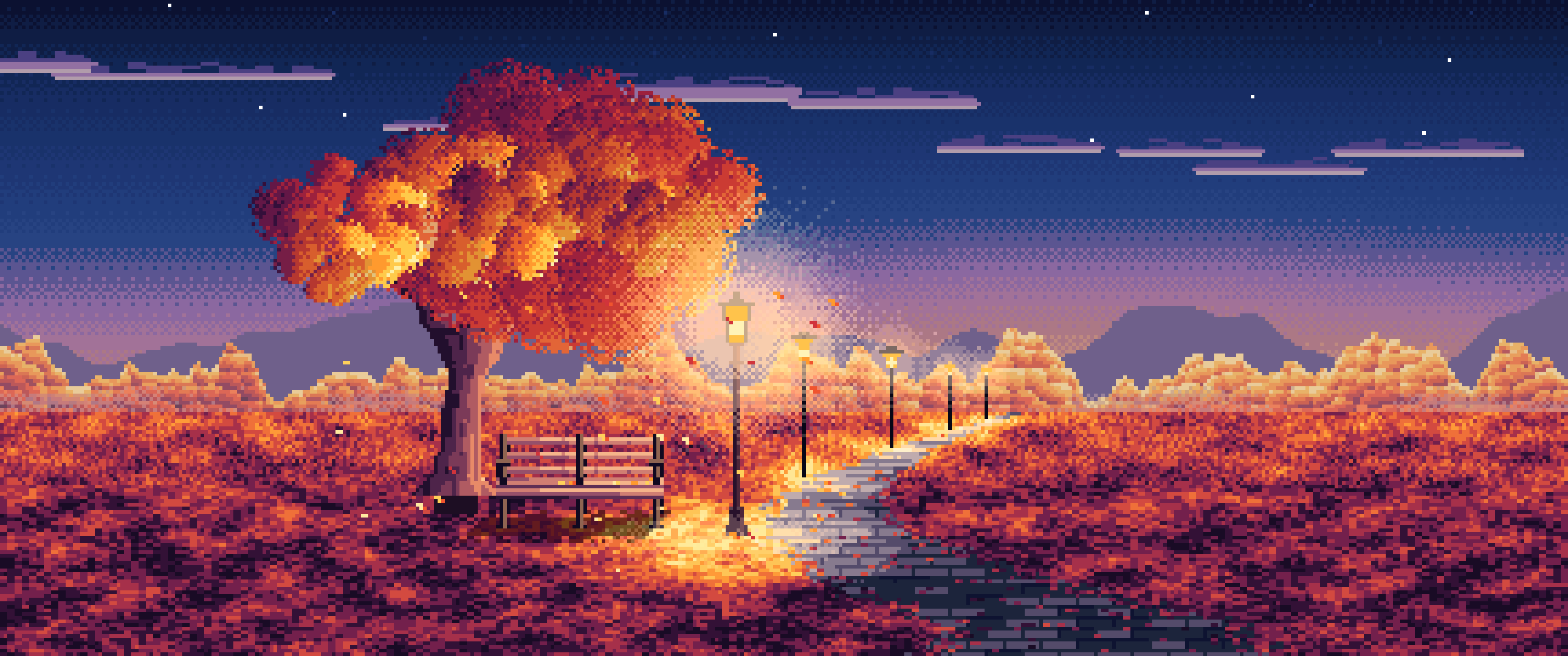 Navy Pixel Art Fall Park Bench ultrawide wallpaper, 3440 × 1440