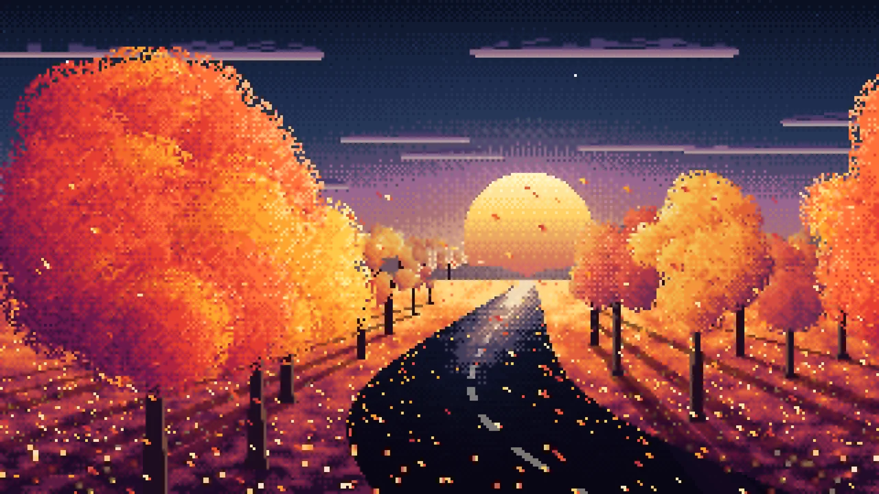 Navy Pixel Art Fall Road at Sunset desktop wallpaper in 4K