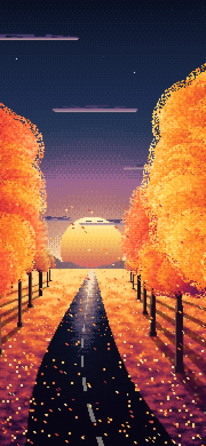 Navy Pixel Art Fall Road at Sunset wallpaper for iPhone and Android