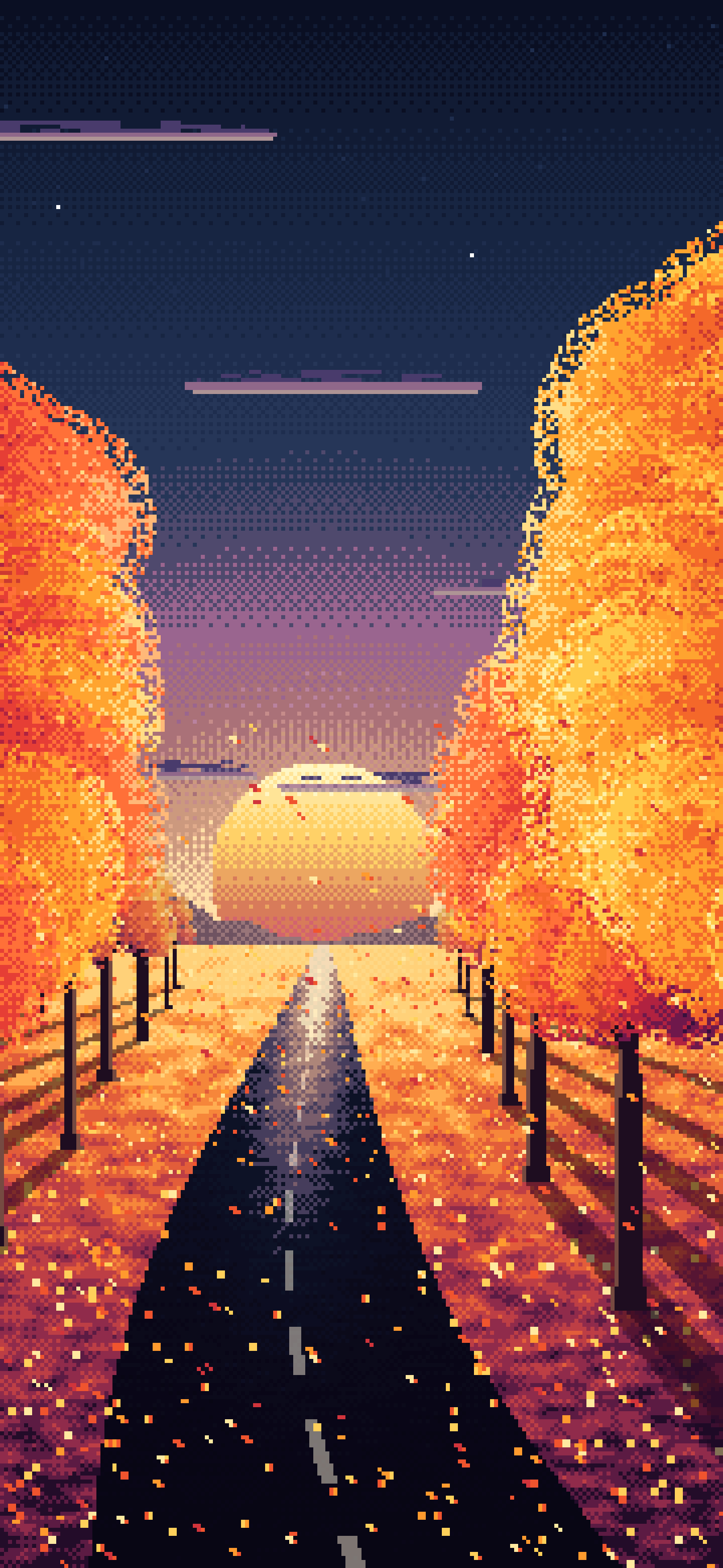 Navy Pixel Art Fall Road at Sunset wallpaper for iPhone and Android