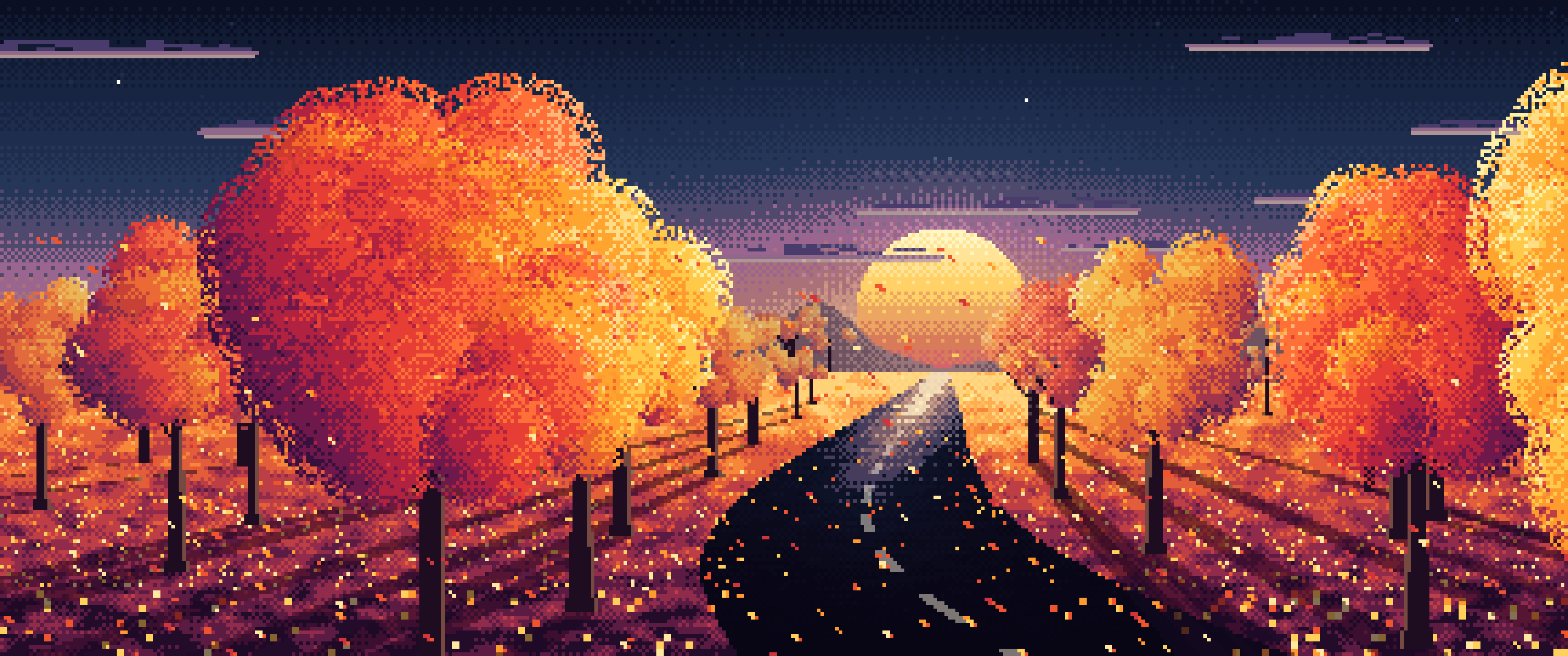 Navy Pixel Art Fall Road at Sunset ultrawide wallpaper, 3440 × 1440