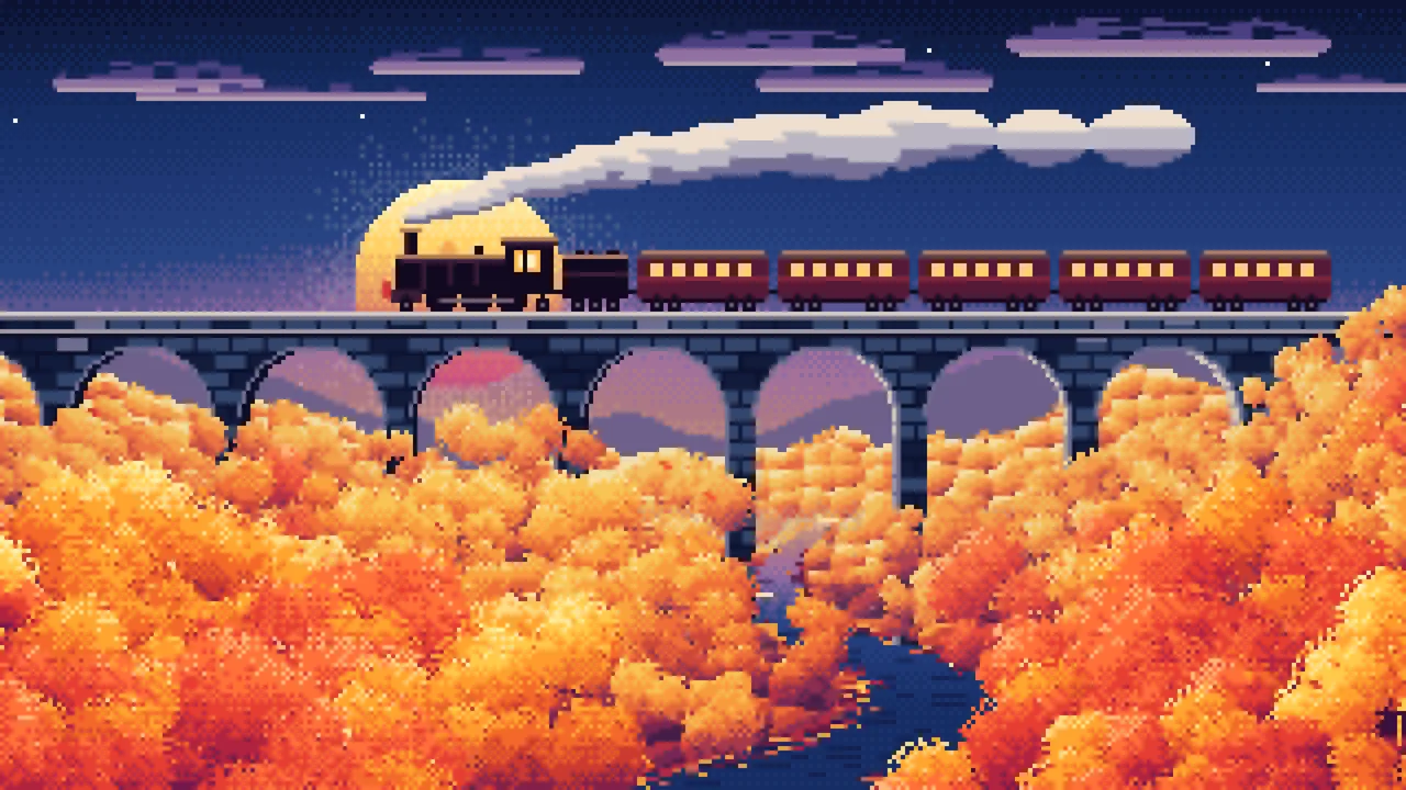 Navy Pixel Art Fall Steam Train on a Viaduct desktop wallpaper in 4K