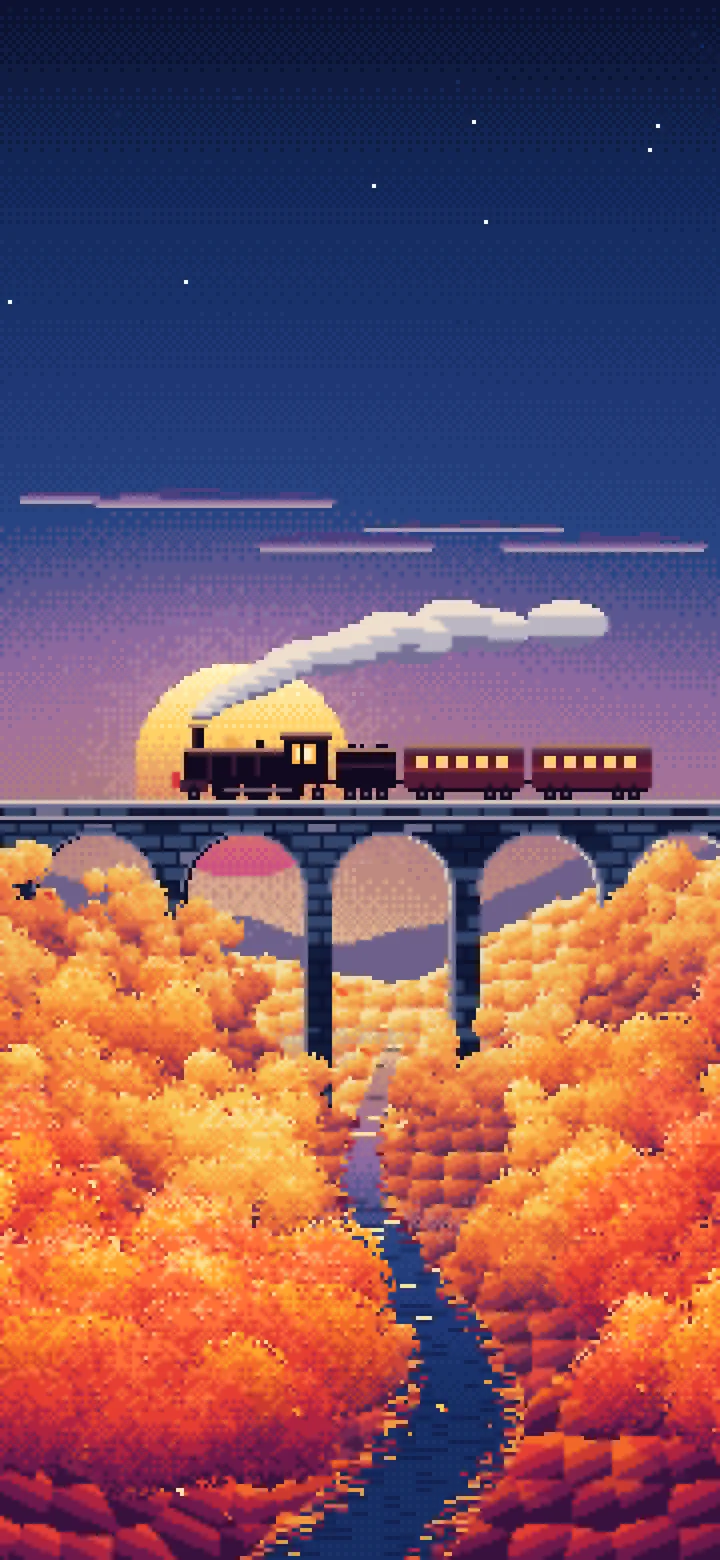 Navy Pixel Art Fall Steam Train on a Viaduct wallpaper for iPhone and Android