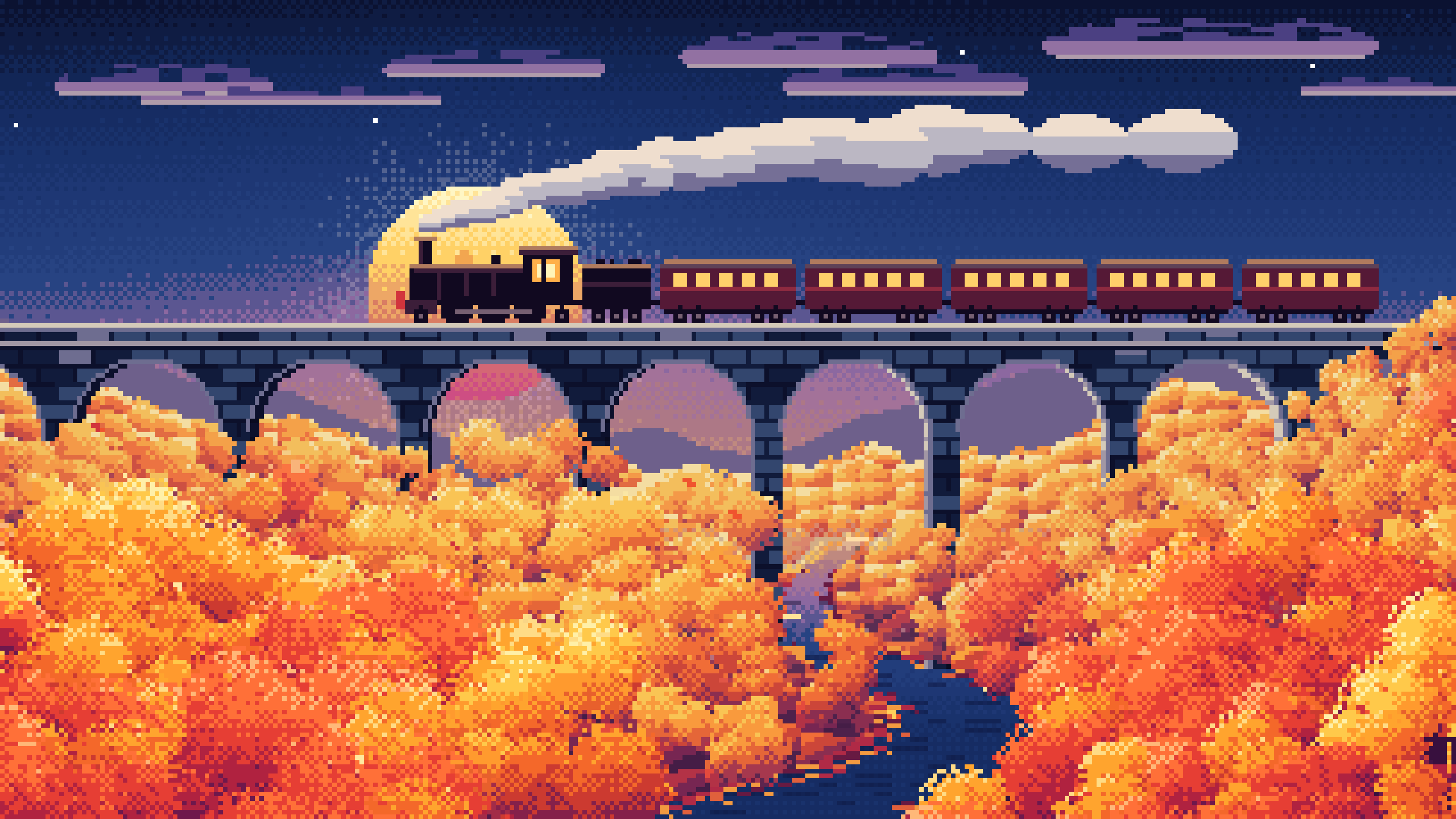 Navy Pixel Art Fall Steam Train on a Viaduct desktop wallpaper in 4K