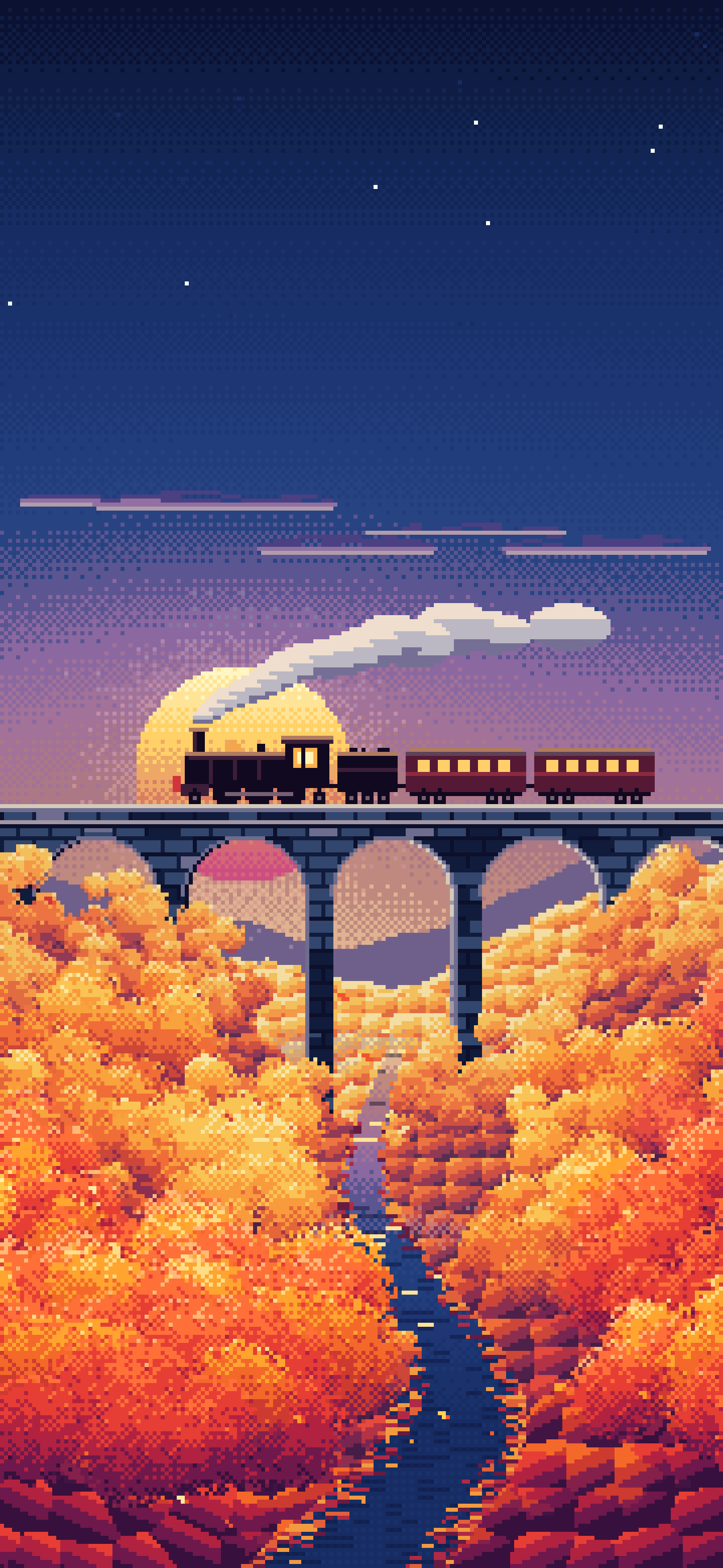 Navy Pixel Art Fall Steam Train on a Viaduct wallpaper for iPhone and Android
