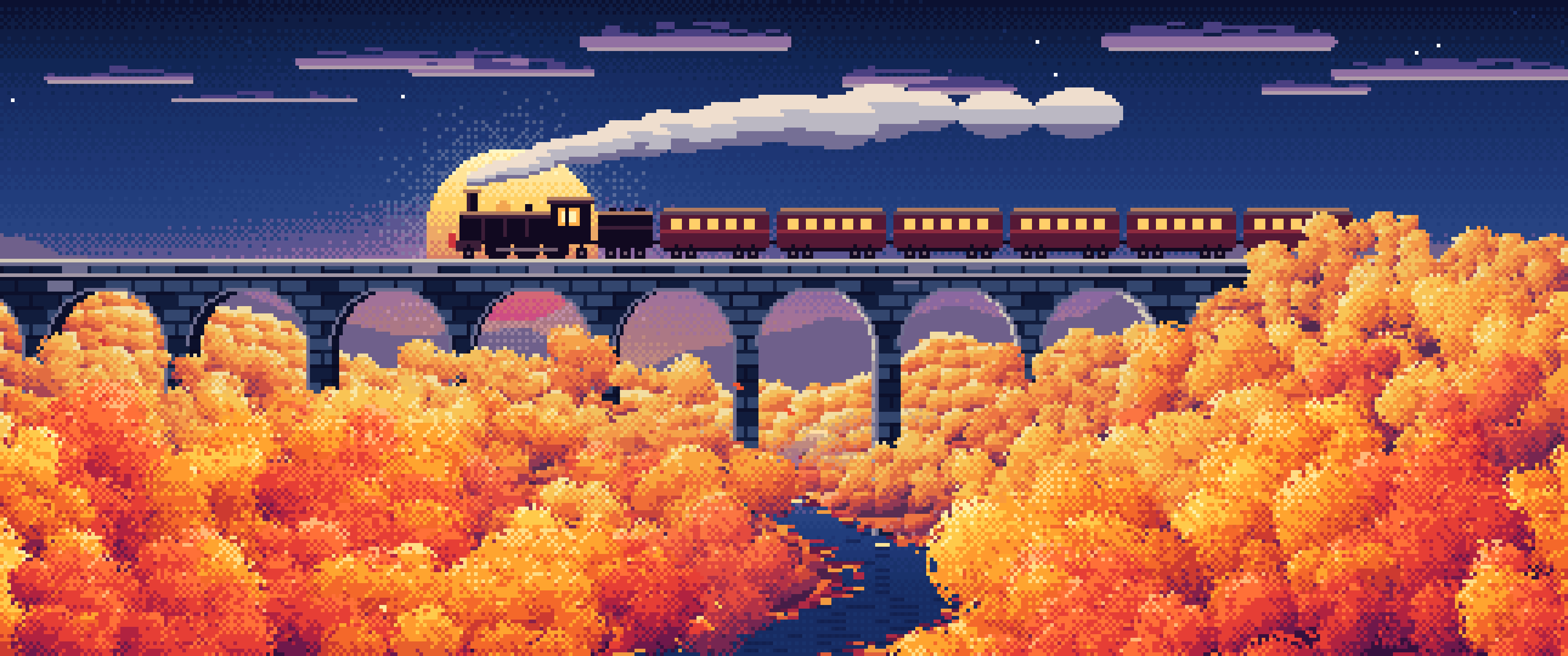 Navy Pixel Art Fall Steam Train on a Viaduct ultrawide wallpaper, 3440 × 1440