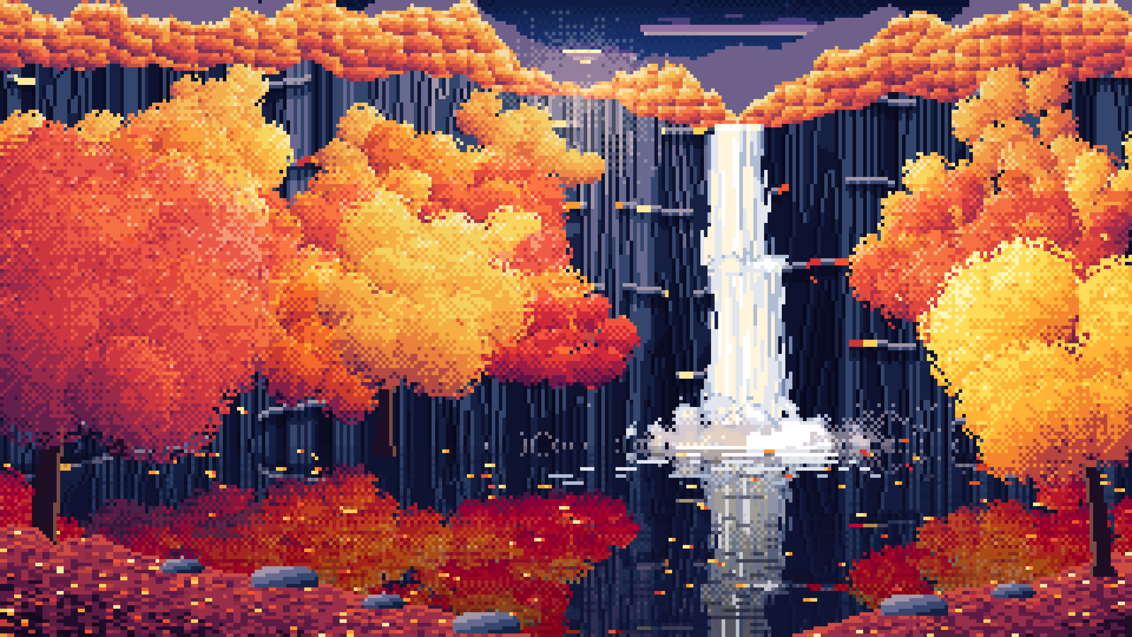 Navy Pixel Art Fall Waterfall desktop wallpaper in 4K