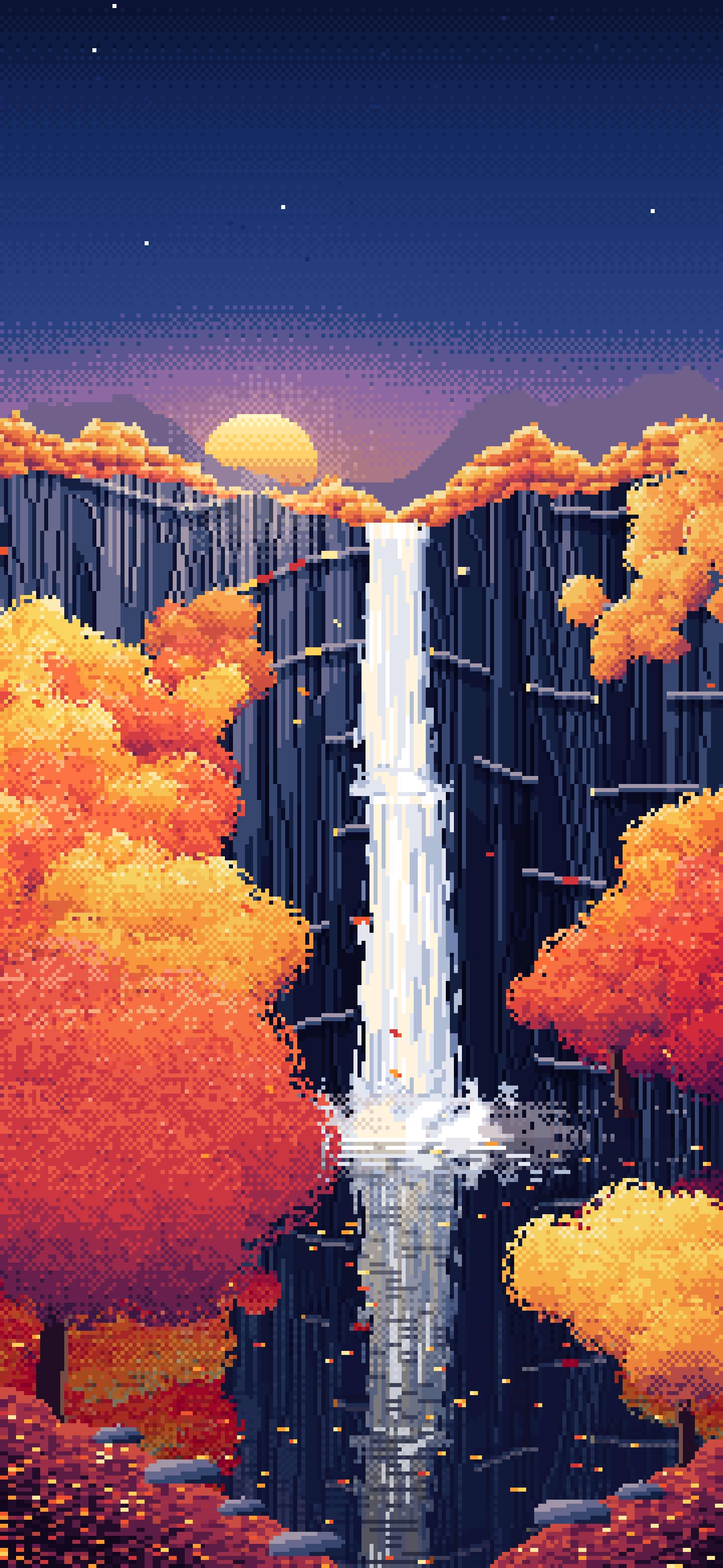 Navy Pixel Art Fall Waterfall wallpaper for iPhone and Android