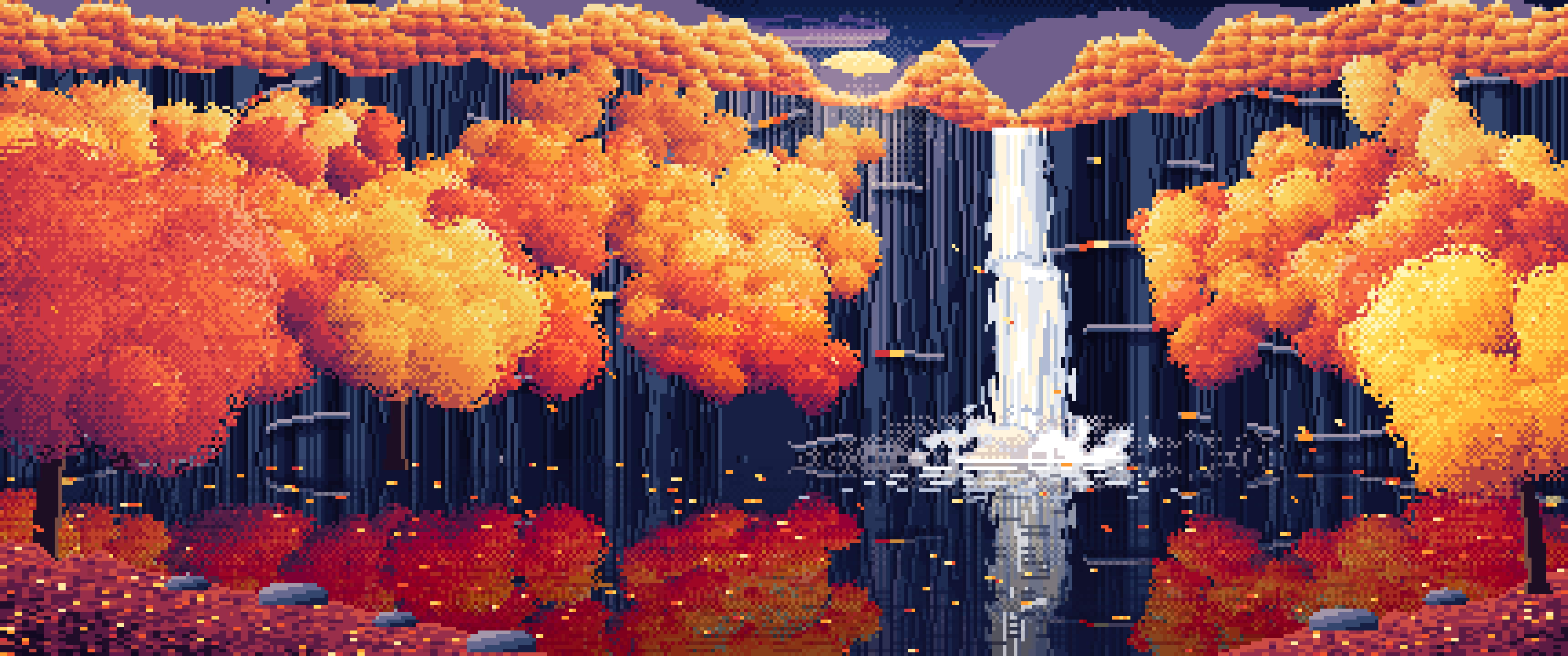 Navy Pixel Art Fall Waterfall ultrawide wallpaper, 3440 × 1440