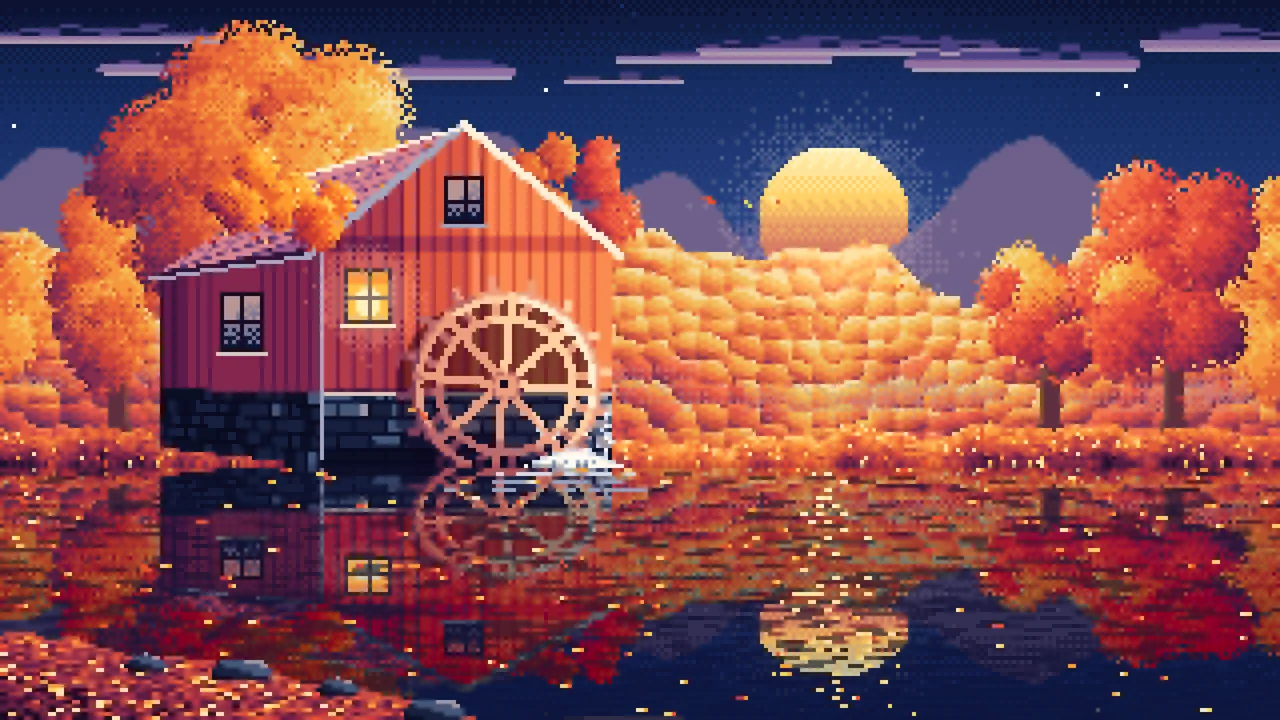 Navy Pixel Art Fall Watermill by a Stream desktop wallpaper in 4K