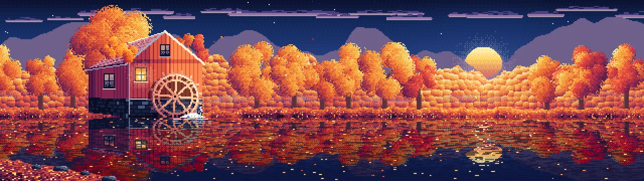 Navy Pixel Art Fall Watermill by a Stream dual monitor wallpaper, 7680 × 2160