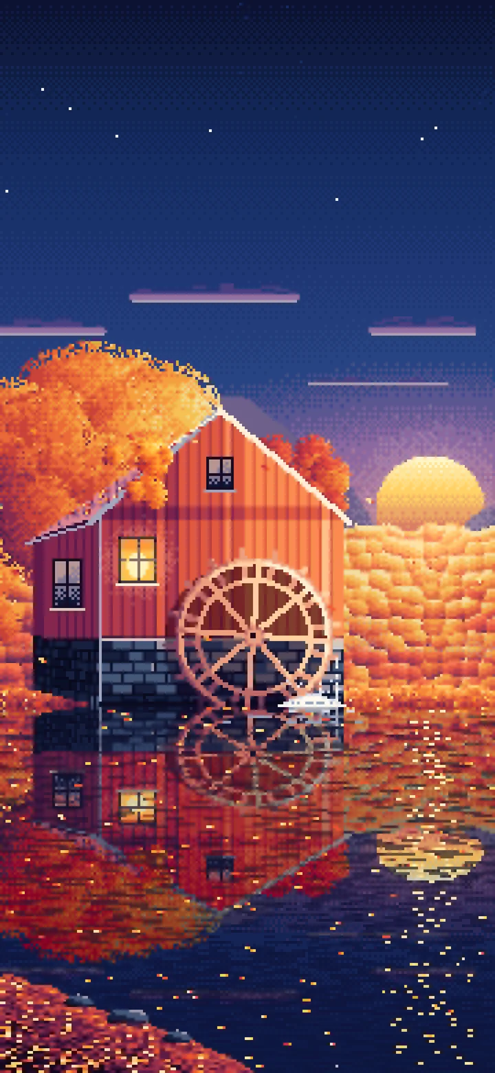 Navy Pixel Art Fall Watermill by a Stream wallpaper for iPhone and Android