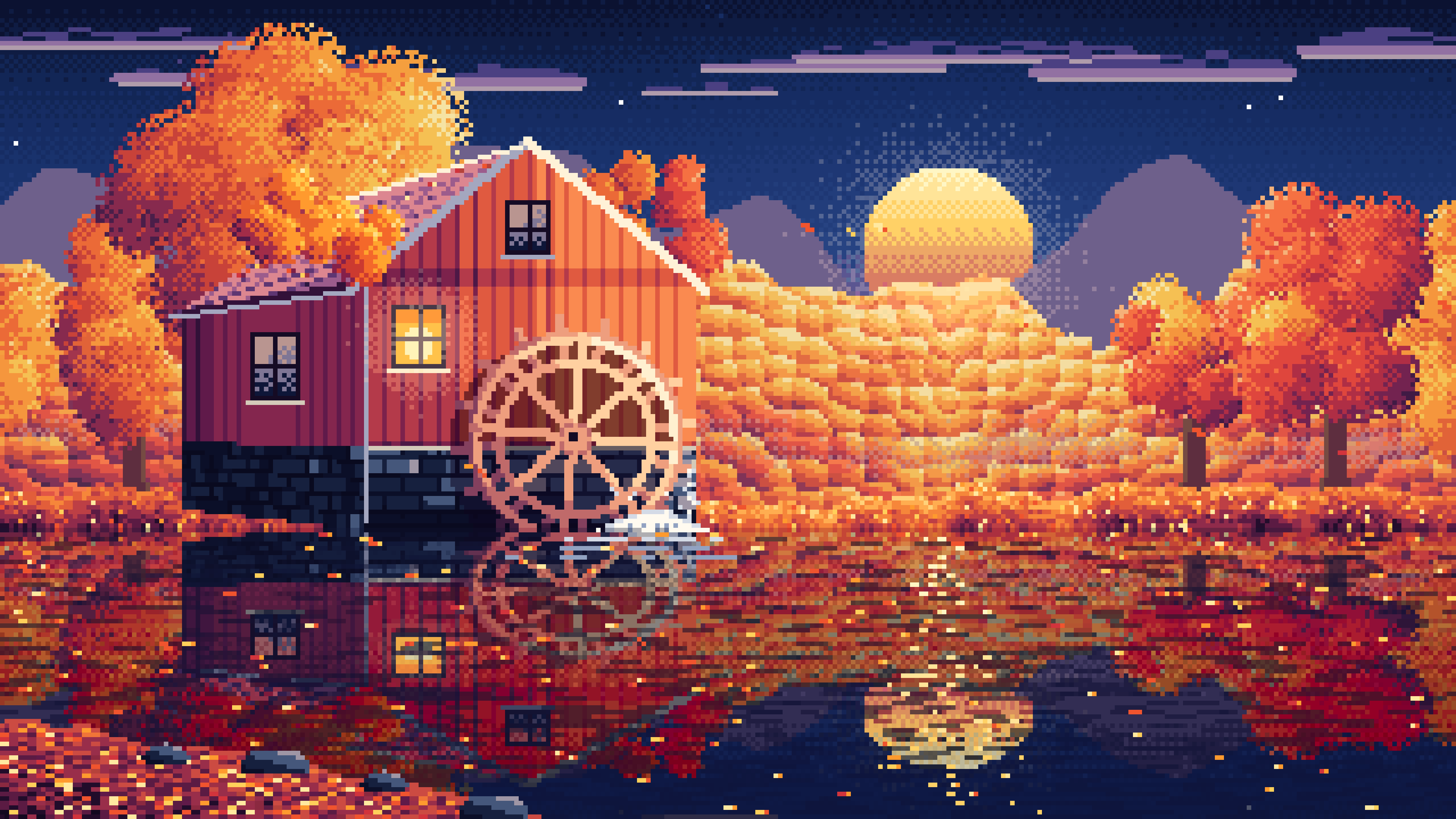 Navy Pixel Art Fall Watermill by a Stream desktop wallpaper in 4K