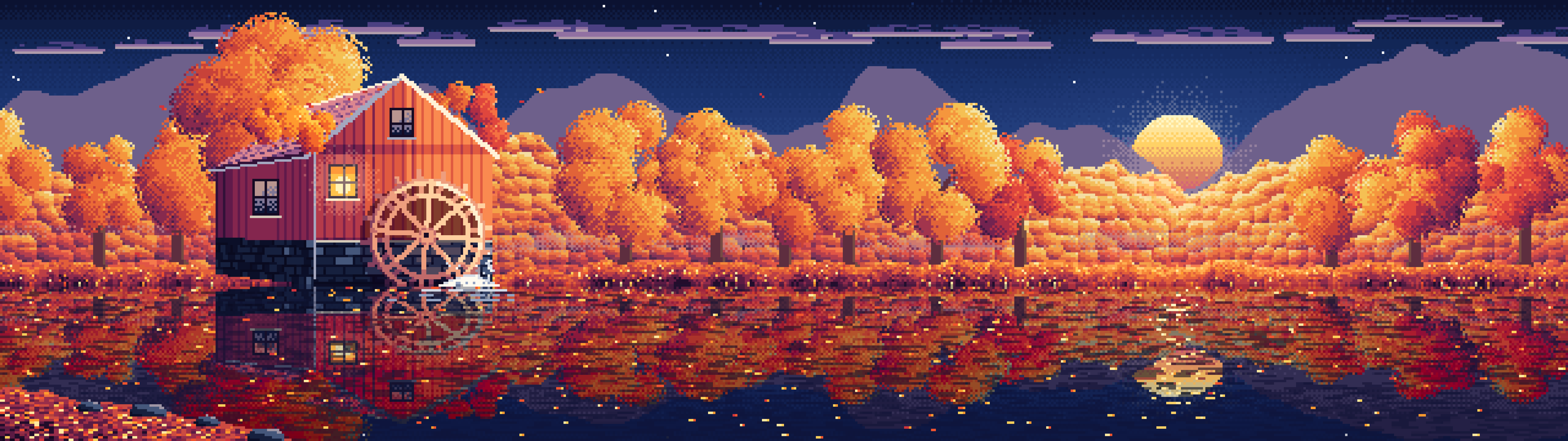 Navy Pixel Art Fall Watermill by a Stream dual monitor wallpaper, 7680 × 2160