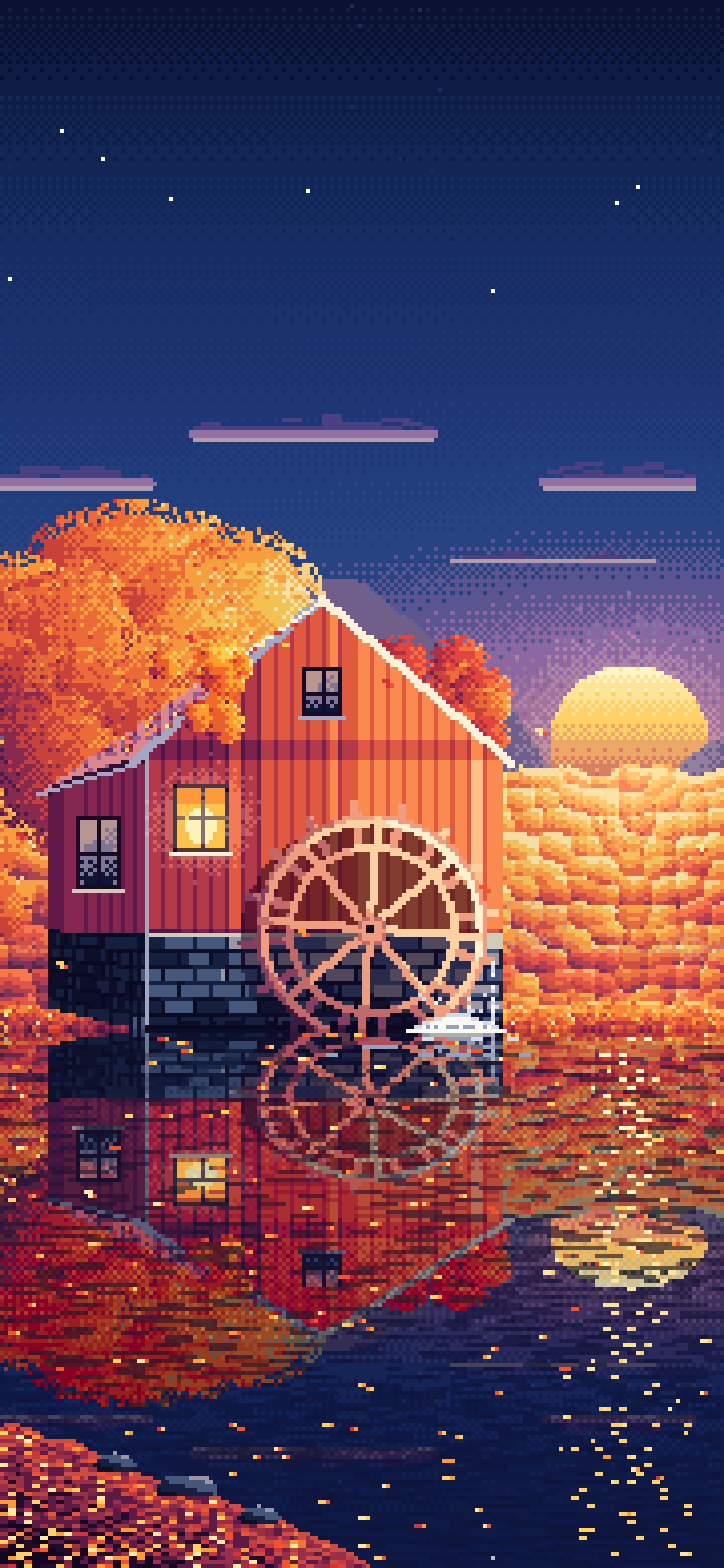 Navy Pixel Art Fall Watermill by a Stream wallpaper for iPhone and Android