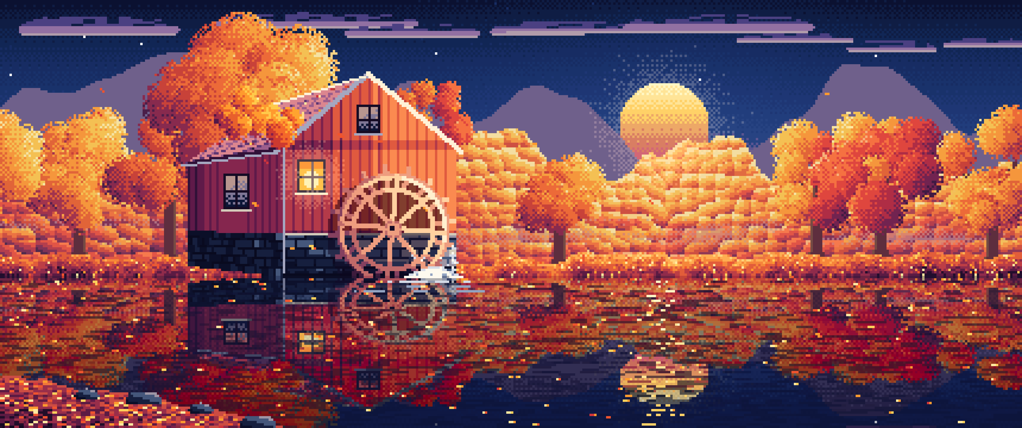 Navy Pixel Art Fall Watermill by a Stream ultrawide wallpaper, 3440 × 1440