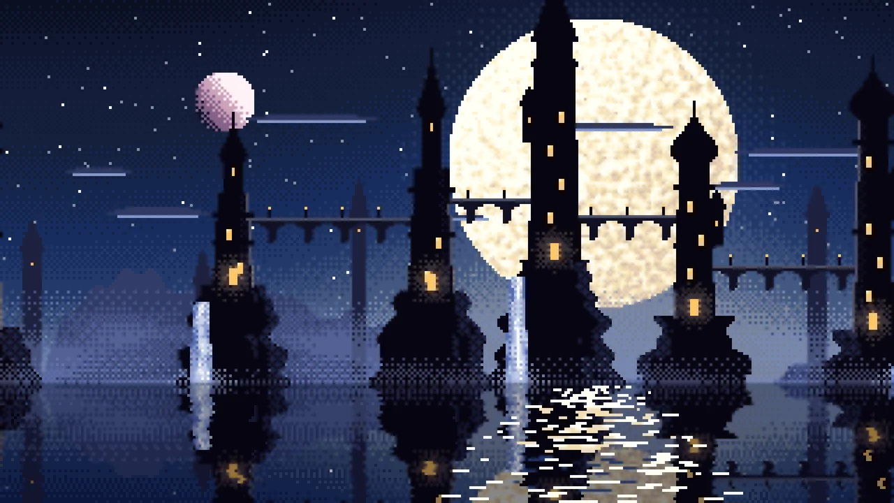 Navy Pixel Art Fantasy City desktop wallpaper in 4K